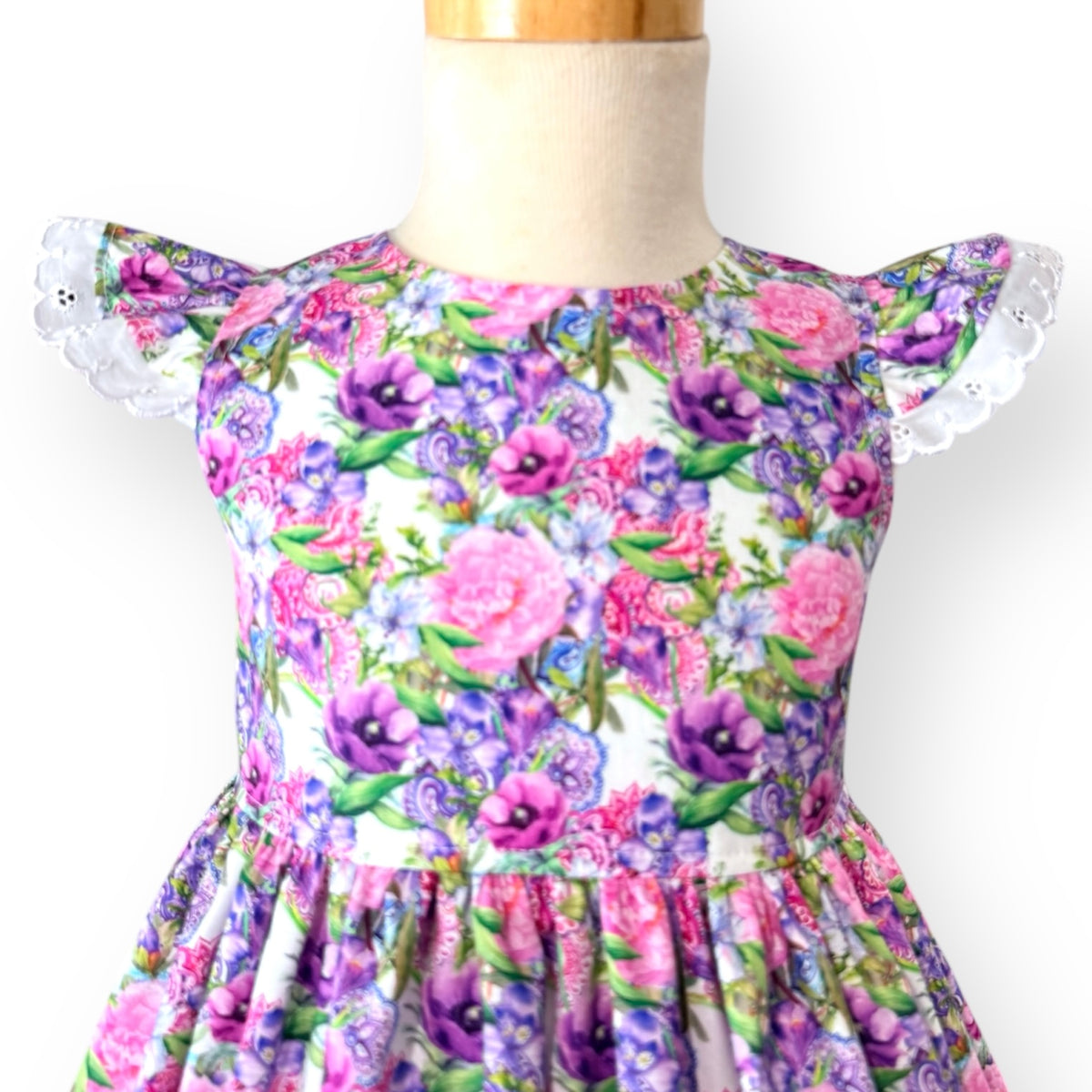 Violet floral flutter sleeve and lace tea party dress