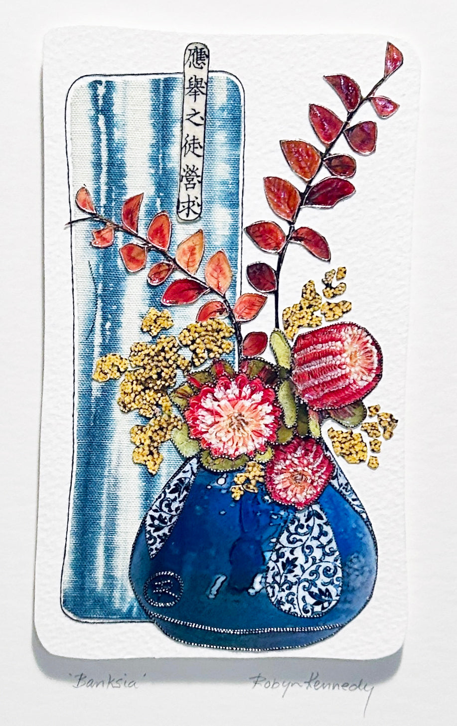 Unframed Collage Art - Red Banksia in Blue Vase