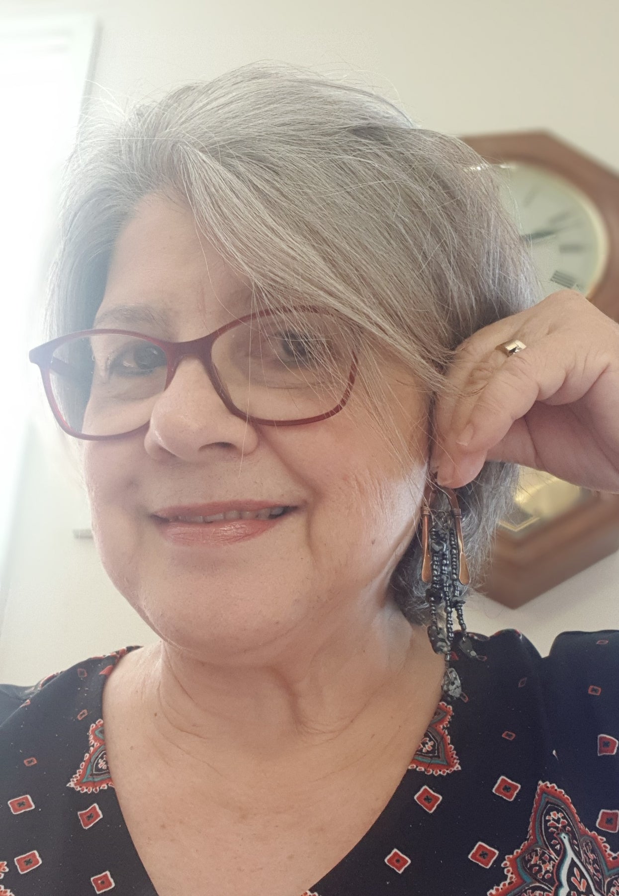 Copper long arched earring with obsidian #670AM/E