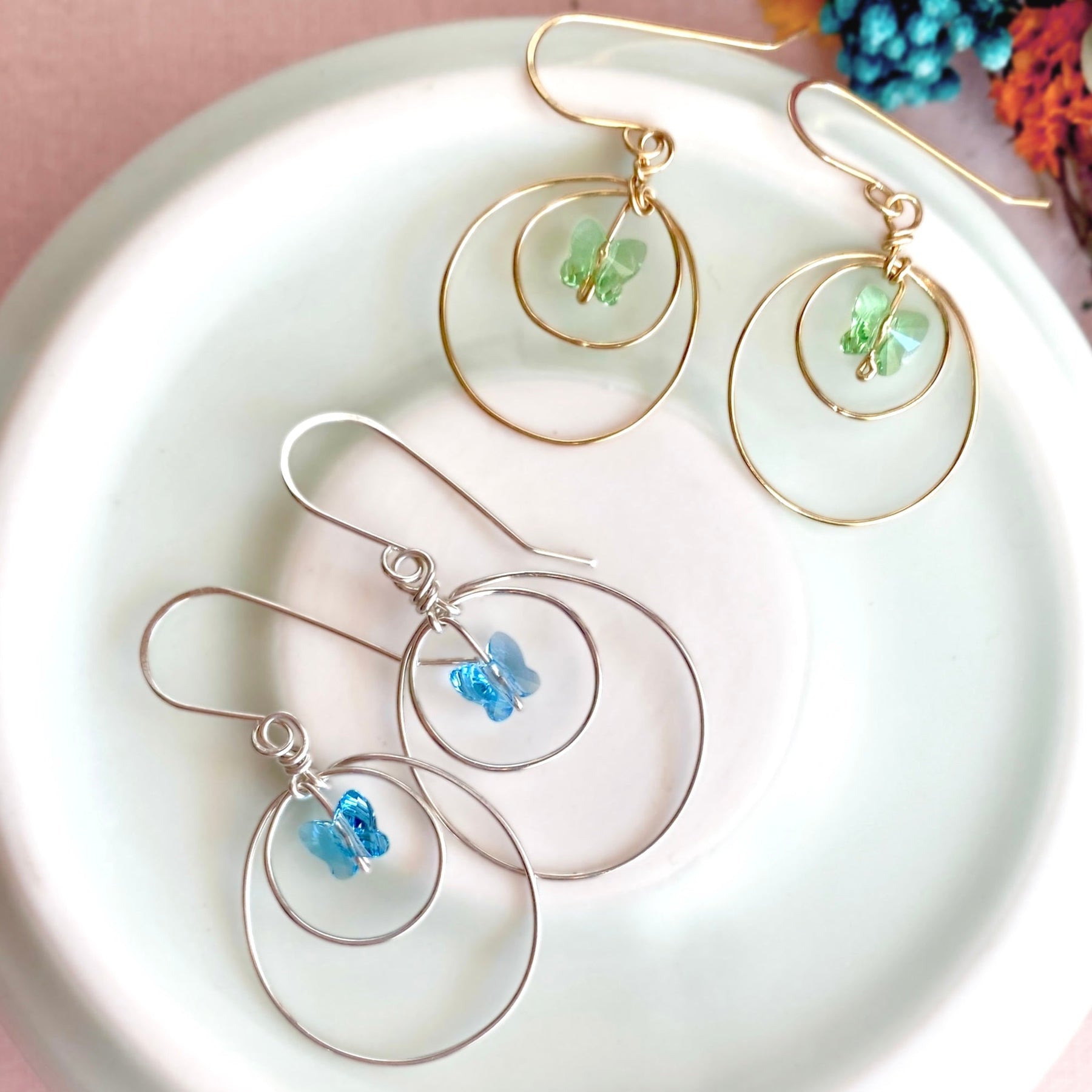 Butterfly crystal looping dangle earrings | Green | Sterling silver or 14k gold-filled