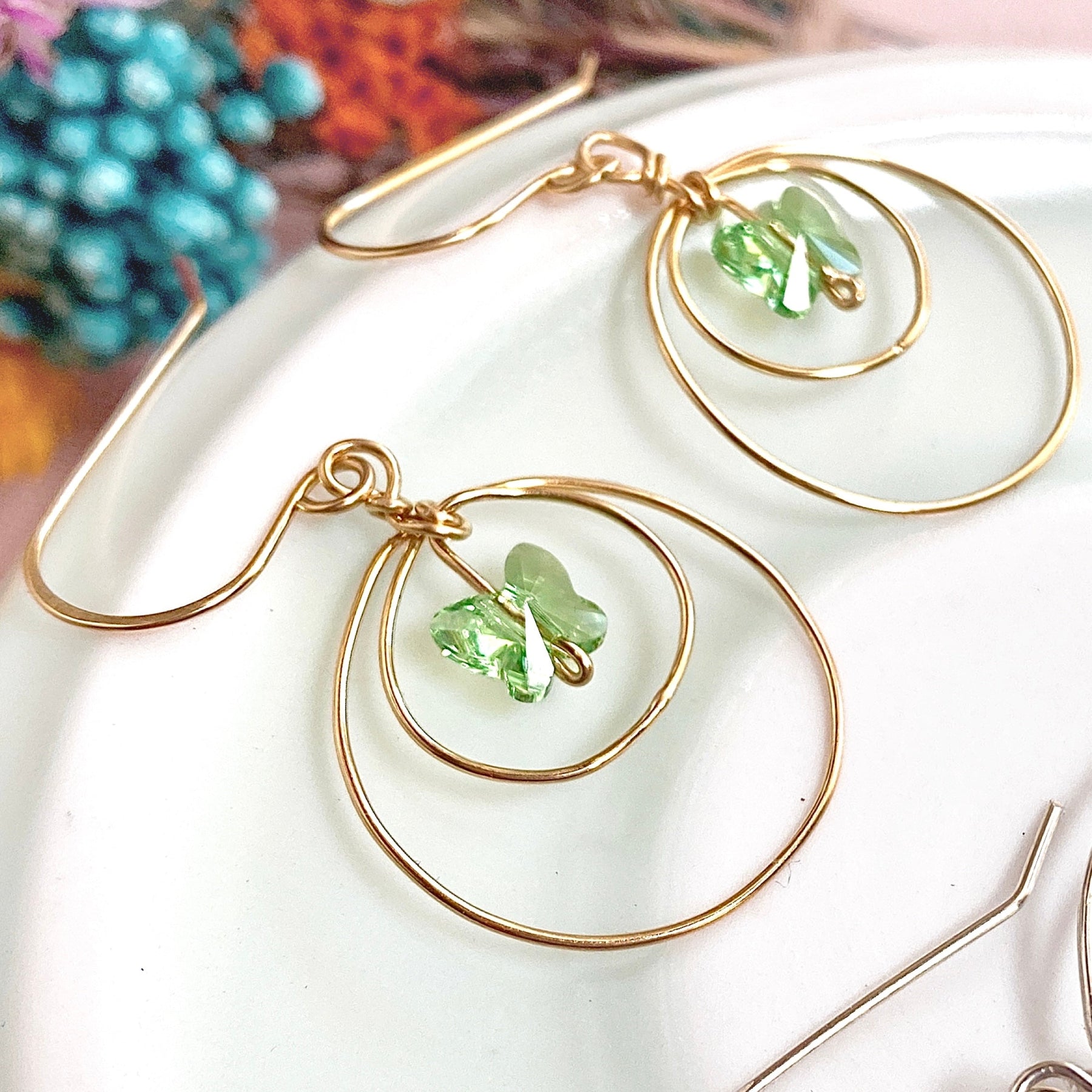 Butterfly crystal looping dangle earrings | Green | Sterling silver or 14k gold-filled