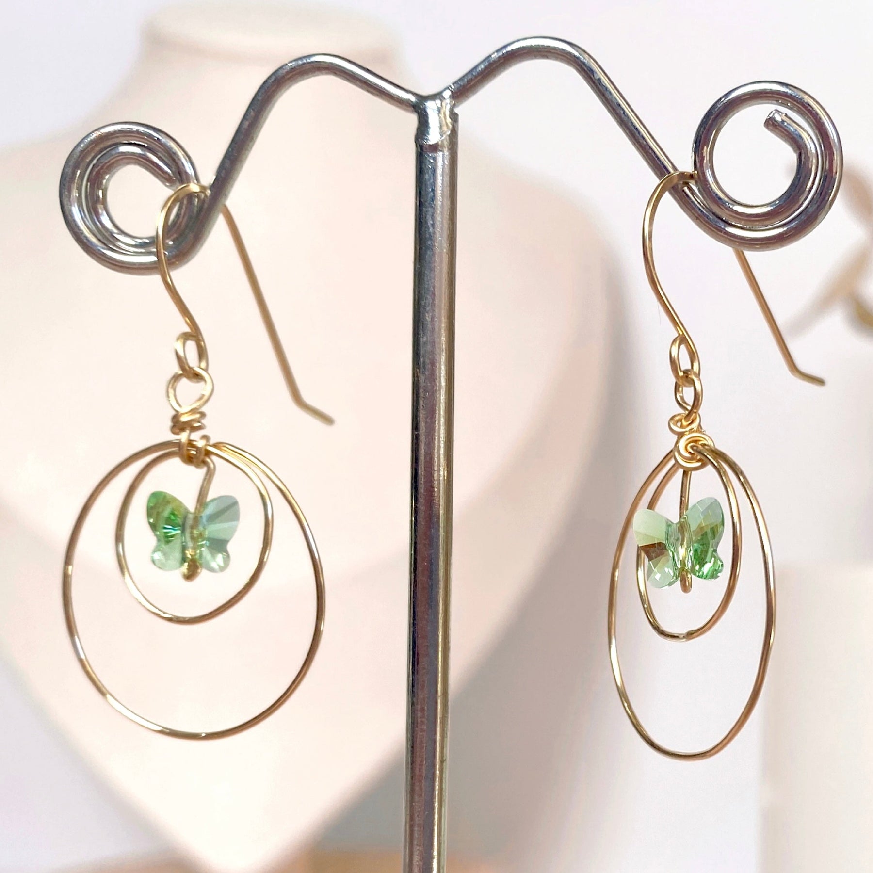 Butterfly crystal looping dangle earrings | Green | Sterling silver or 14k gold-filled