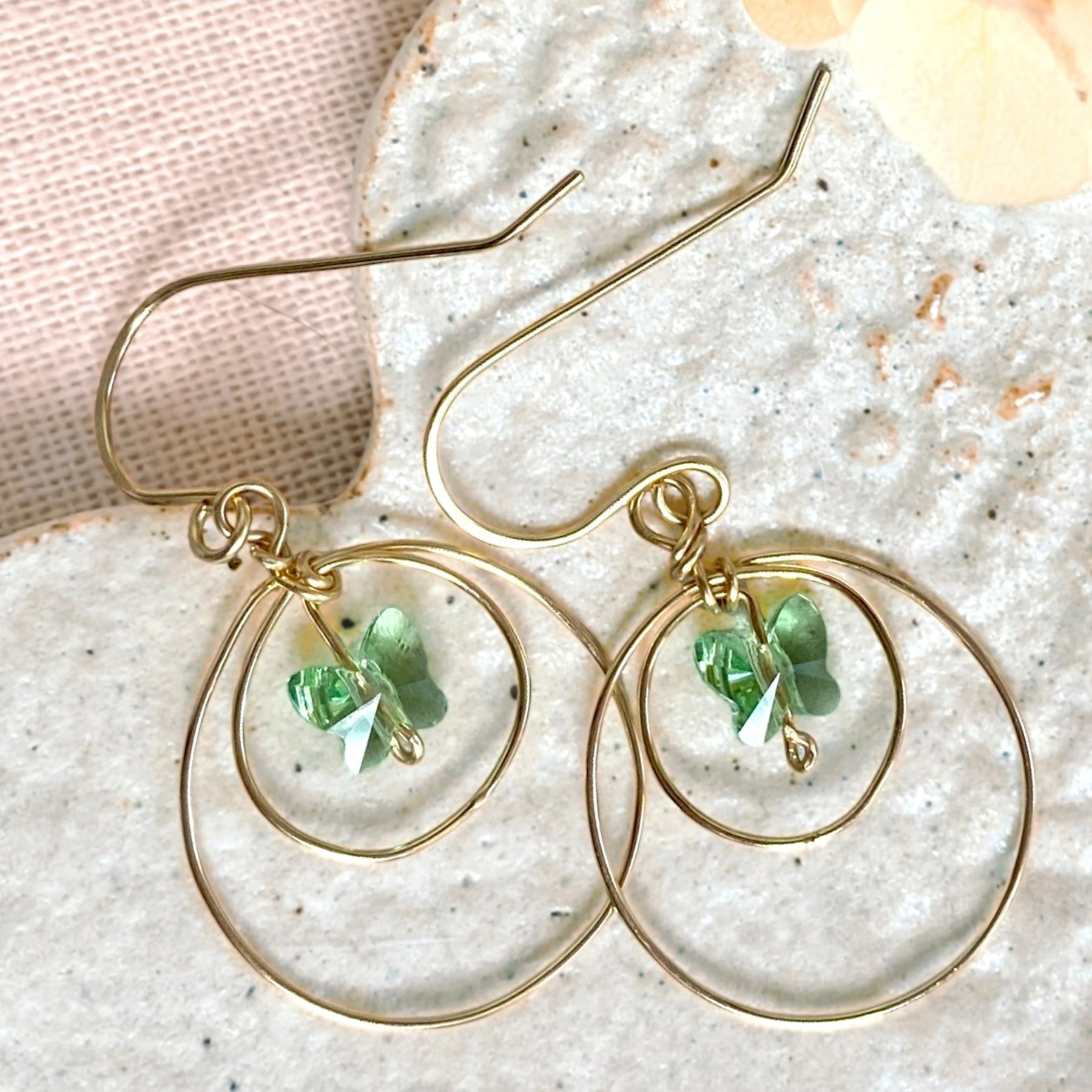 Butterfly crystal looping dangle earrings | Green | Sterling silver or 14k gold-filled