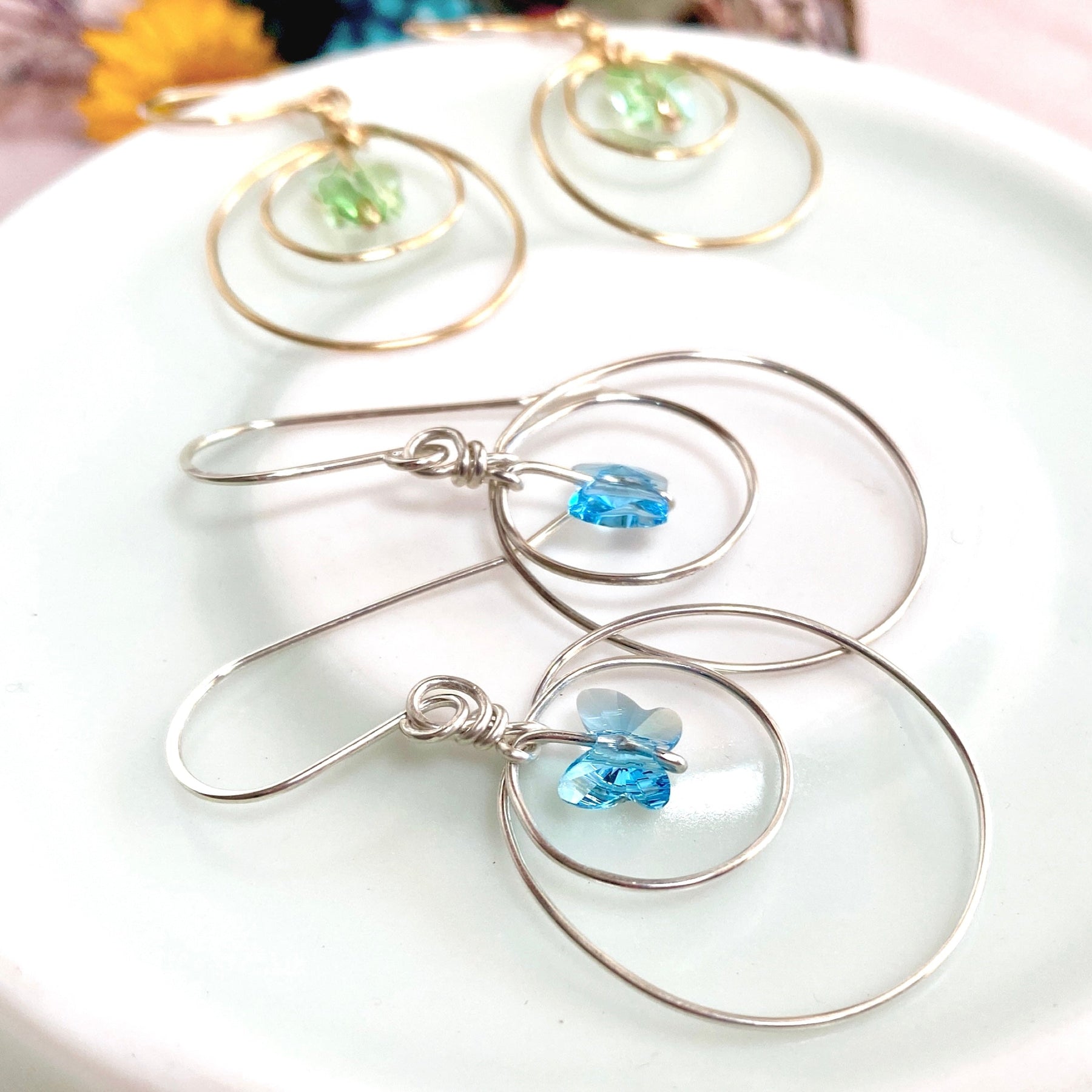 Butterfly crystal looping dangle earrings | Green | Sterling silver or 14k gold-filled