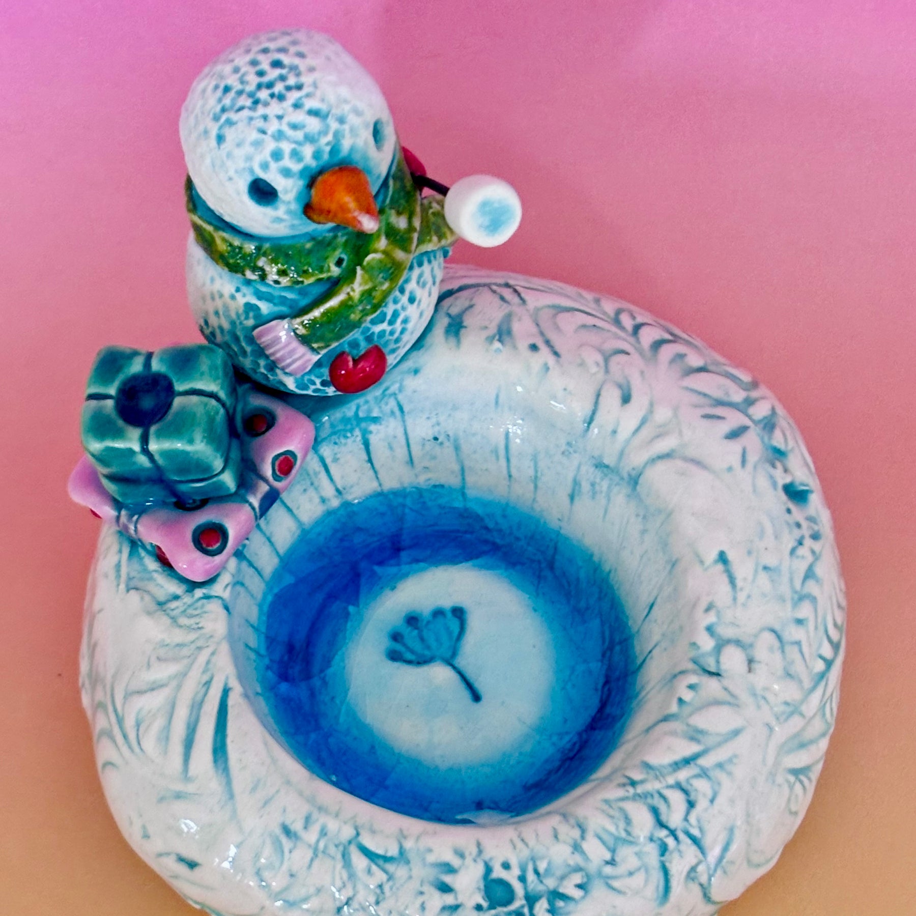 Handmade Earthenware Ceramic Christmas Tealight Holder with a Snowman