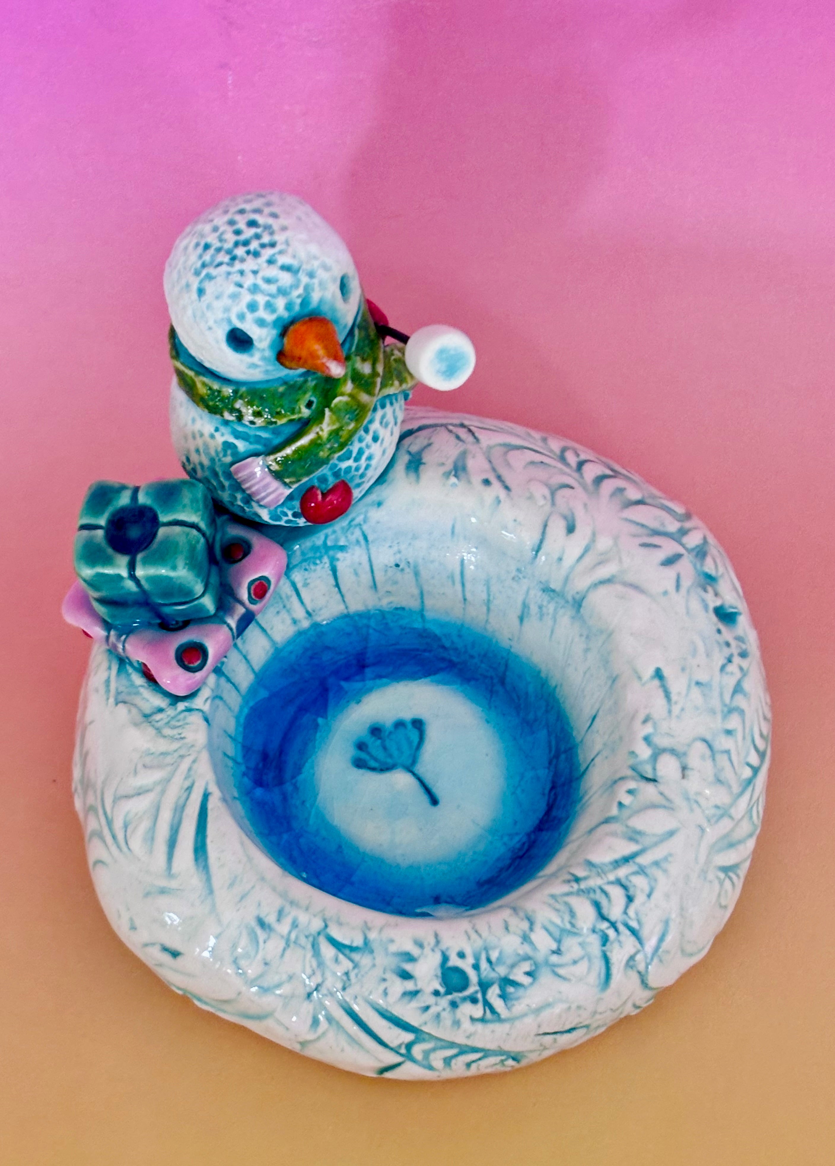 Handmade Earthenware Ceramic Christmas Tealight Holder with a Snowman