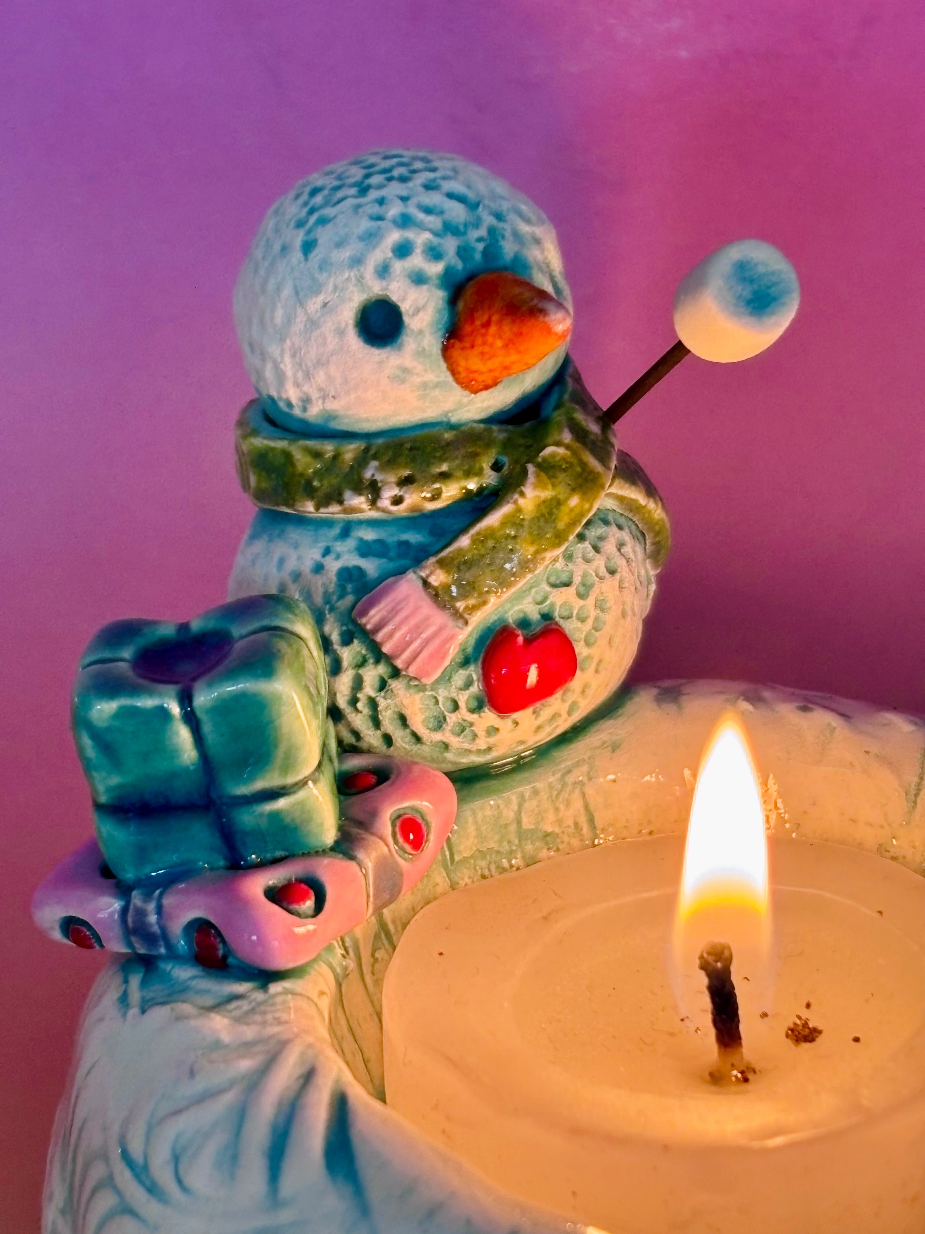 Handmade Earthenware Ceramic Christmas Tealight Holder with a Snowman