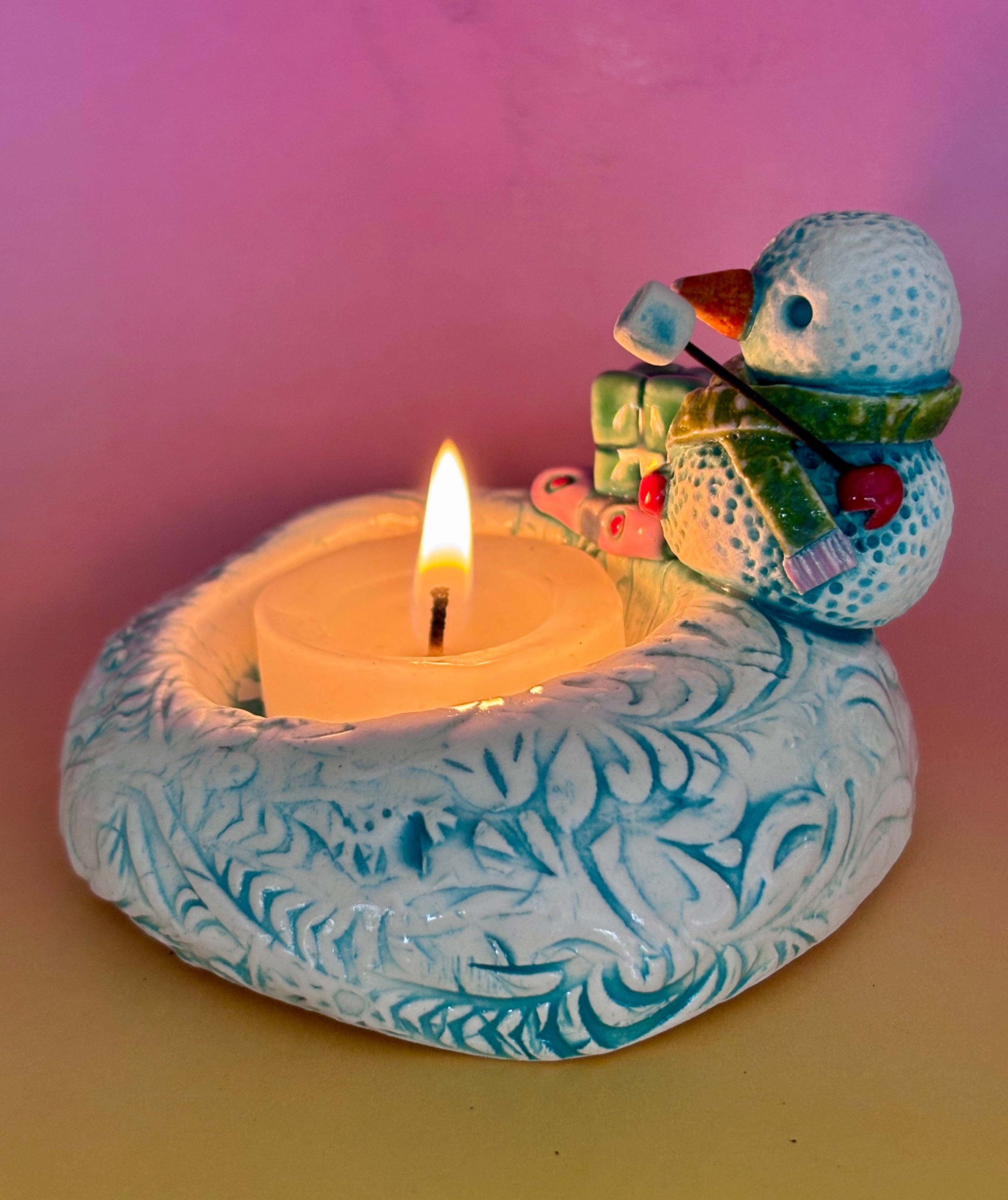 Handmade Earthenware Ceramic Christmas Tealight Holder with a Snowman