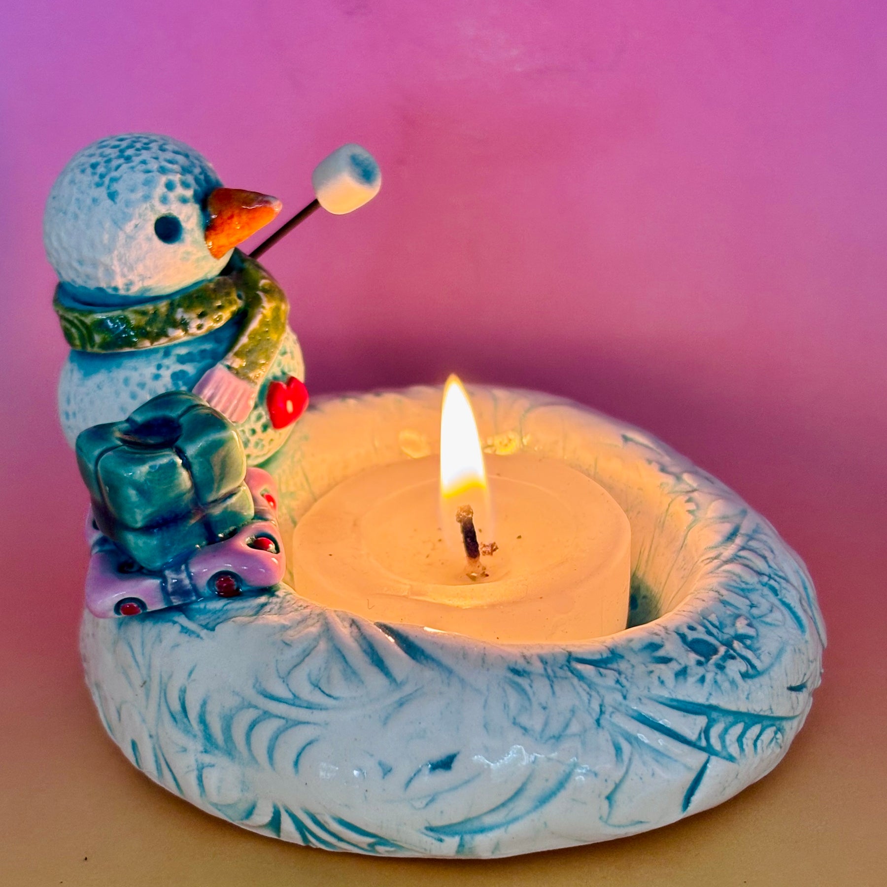 Handmade Earthenware Ceramic Christmas Tealight Holder with a Snowman