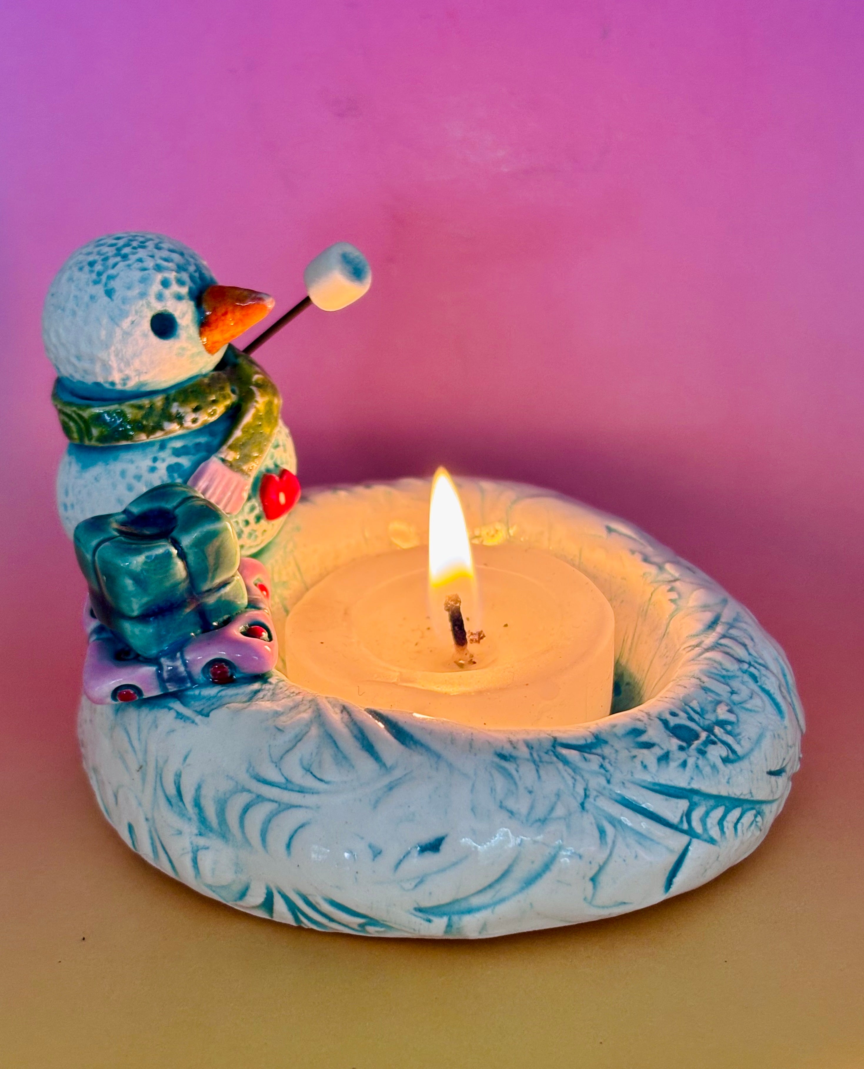 Handmade Earthenware Ceramic Christmas Tealight Holder with a Snowman