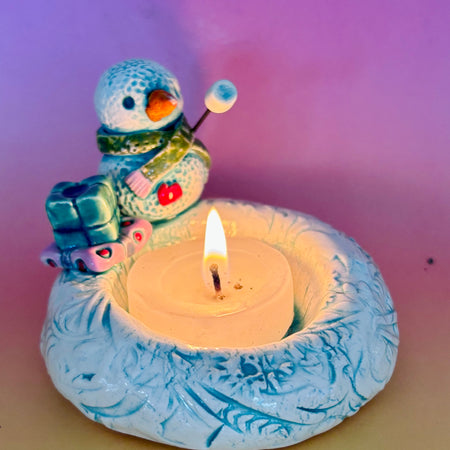 Handmade Earthenware Ceramic Christmas Tealight Holder with a Snowman