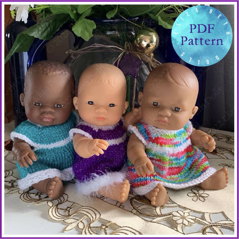 Miniland 21cm Doll dress, PDF digital Pattern, Flat knitted, Straight