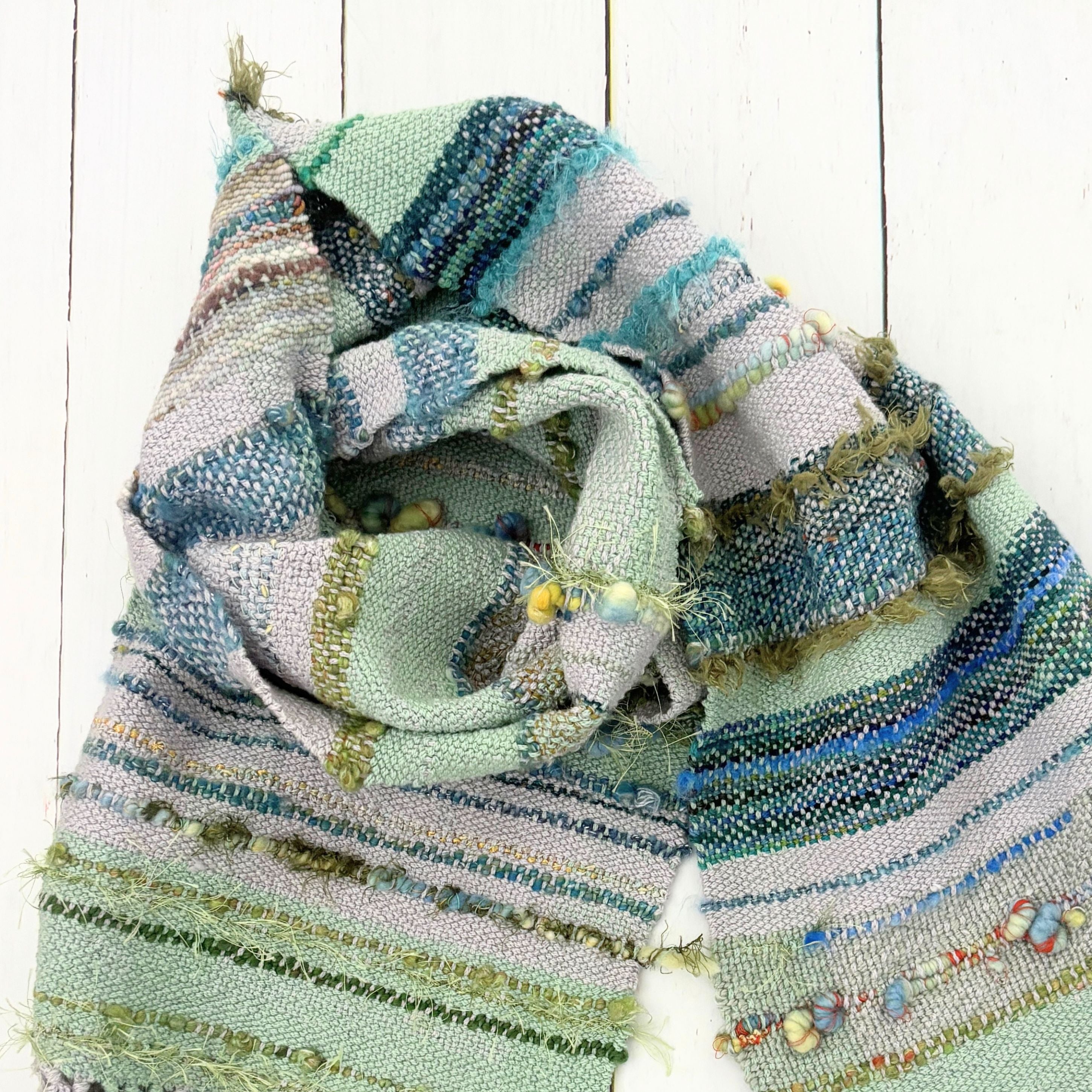 Handwoven Scarf - Grey - Green - Blue
