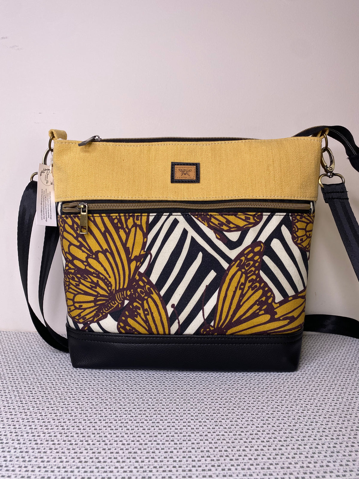 Lola Crossbody Bag - Monarch Butterfly and Plain Yellow Fabric with Black Faux Leather Base