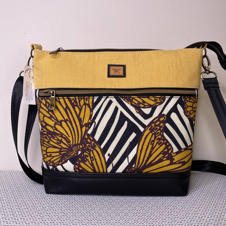Lola Crossbody Bag - Monarch Butterfly and Plain Yellow Fabric with Black Faux Leather Base