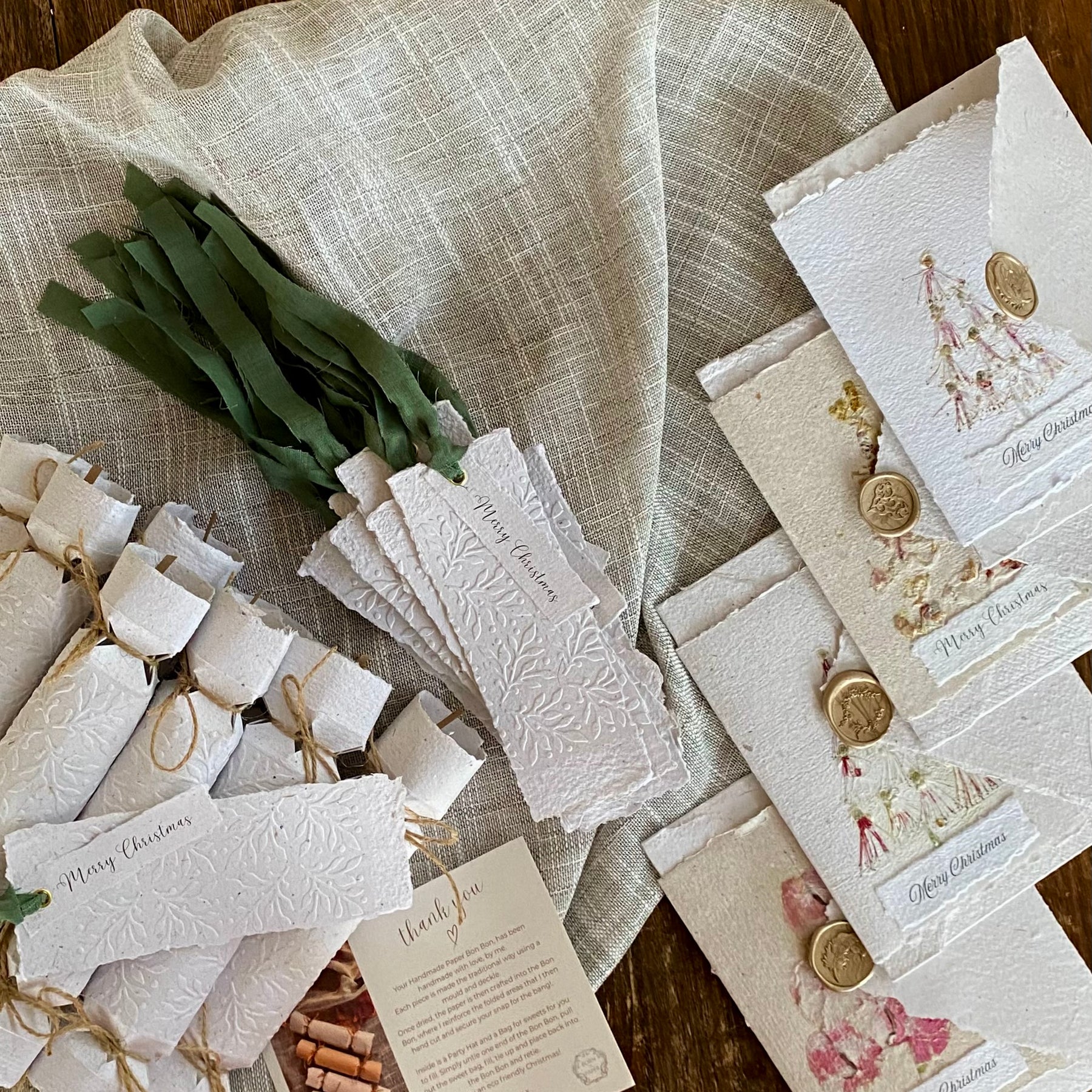 Bon Bons of Handmade Paper Mistletoe Embossed or Floral - Set of 4