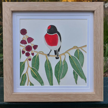 Red-capped Robin in Eucalypt - original watercolour