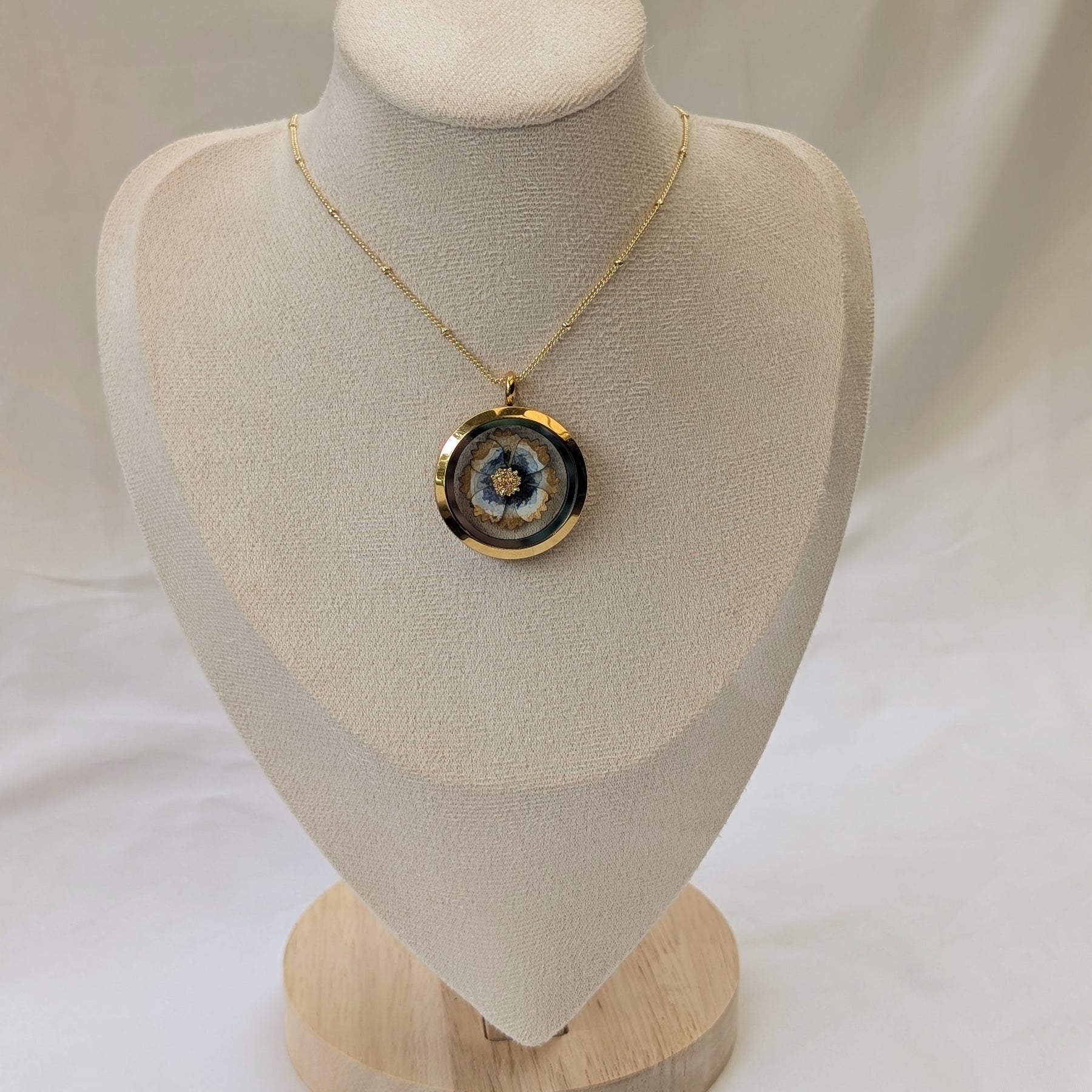 Handmade Watercolour Cosmos Flower Floating Locket Necklace | Gold Botanical Pendant