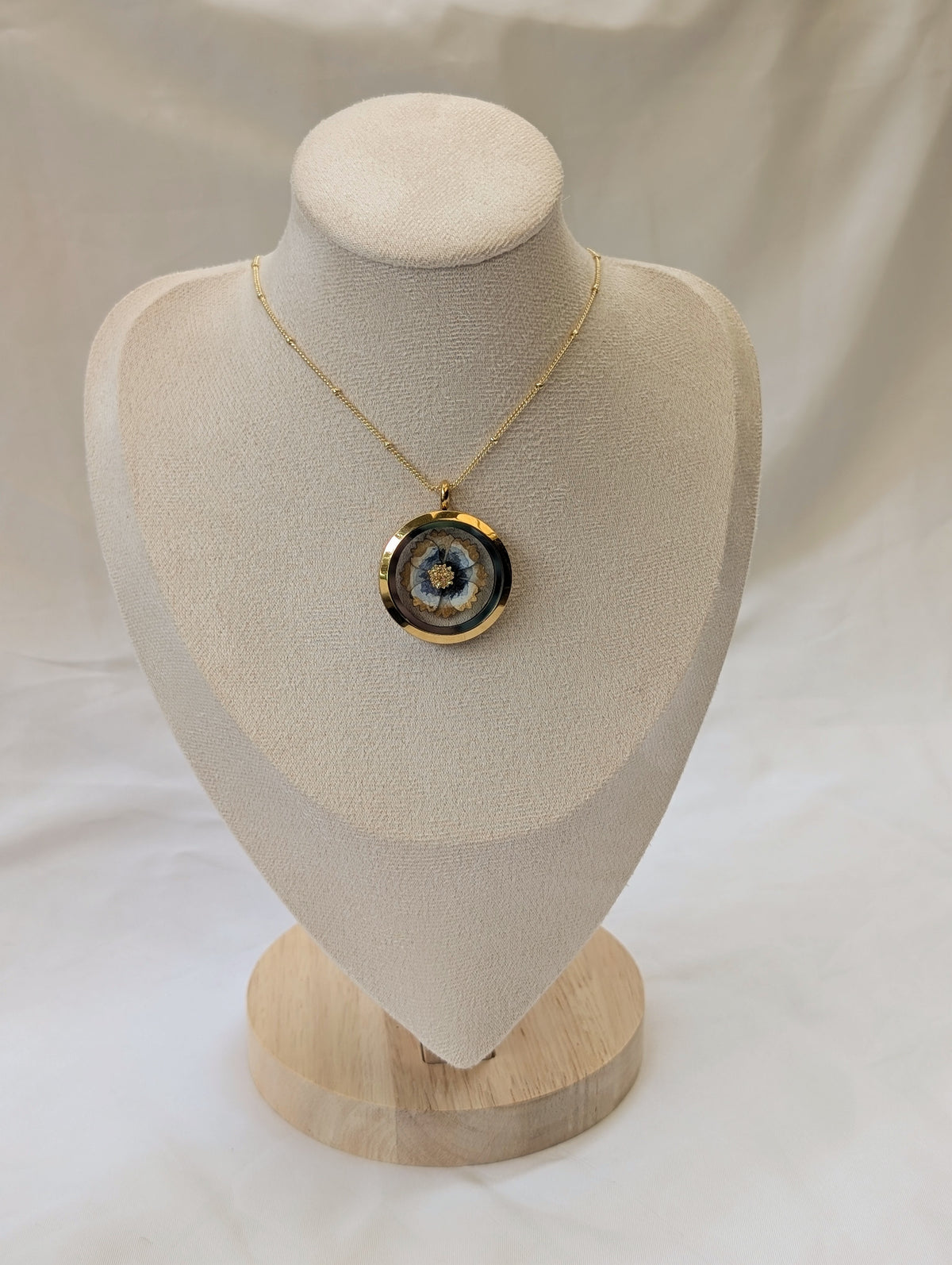Handmade Watercolour Cosmos Flower Floating Locket Necklace | Gold Botanical Pendant