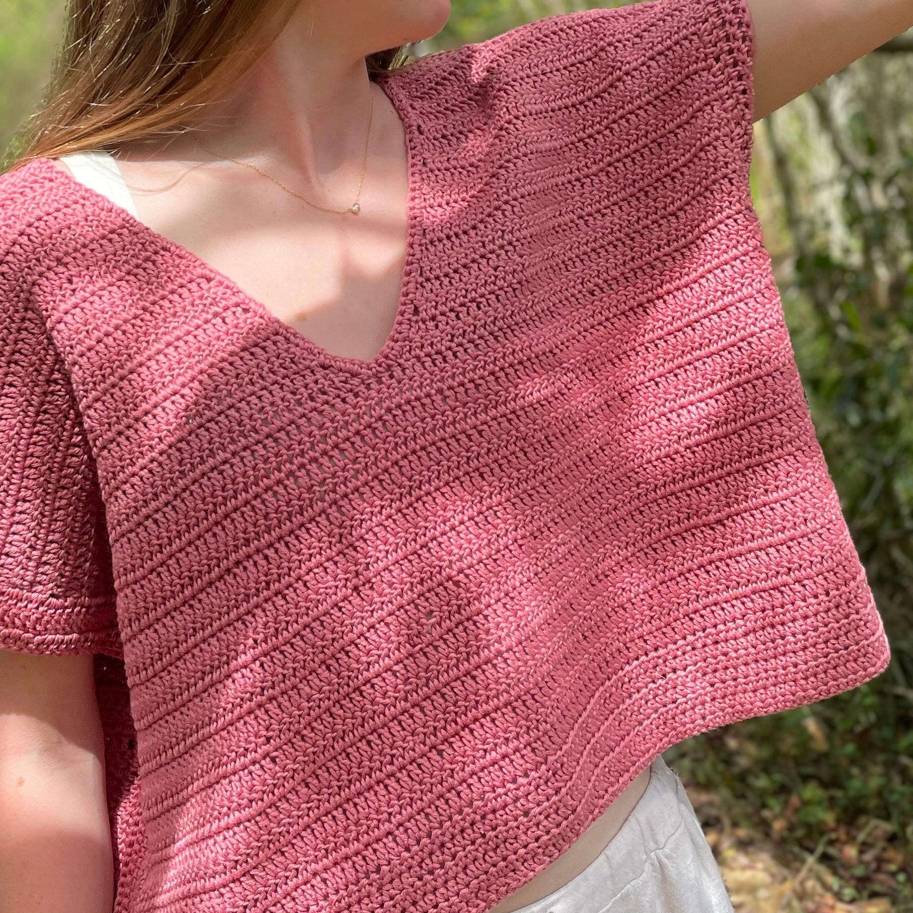Rhubarb Pink Crocheted V-Neck Summer Top