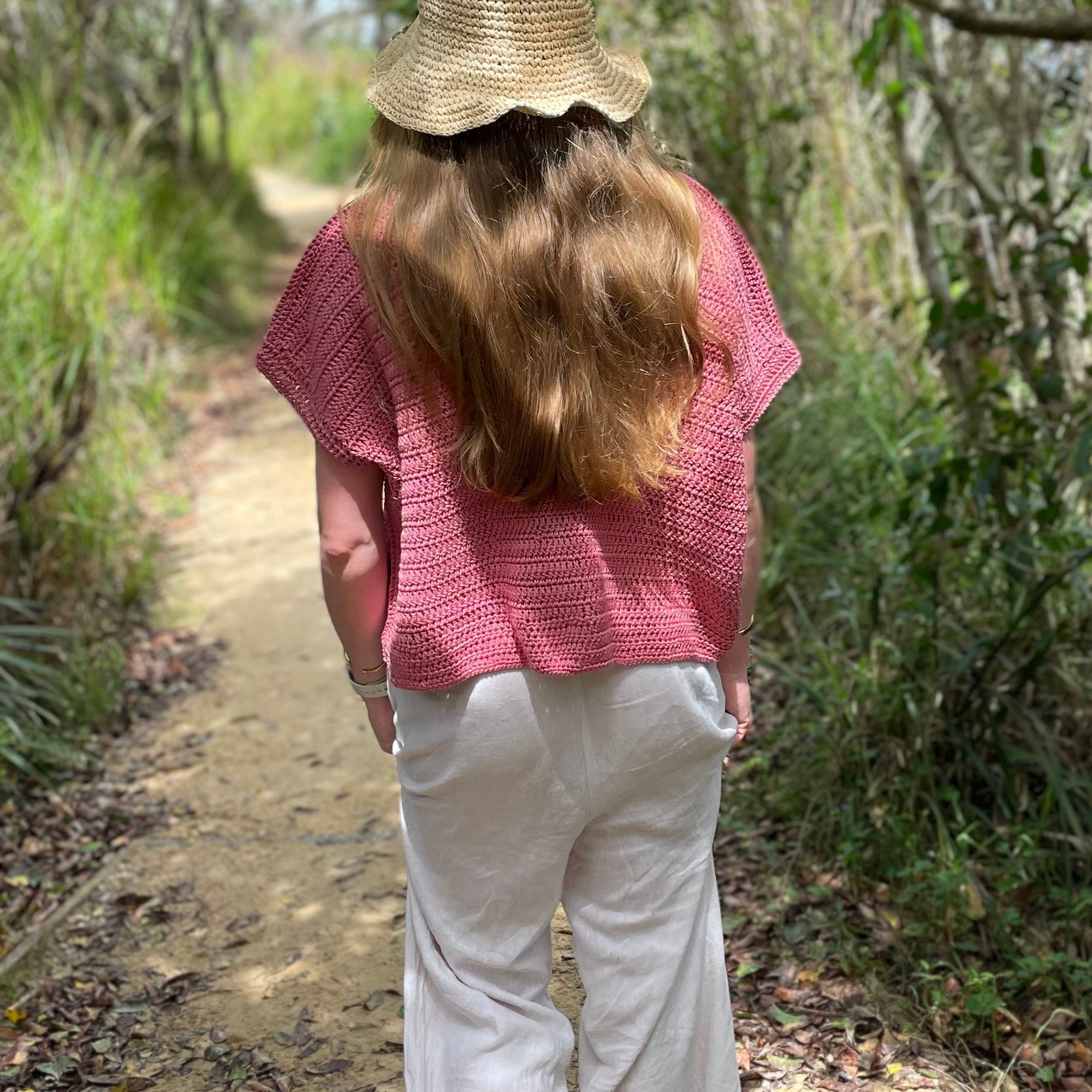 Rhubarb Pink Crocheted V-Neck Summer Top