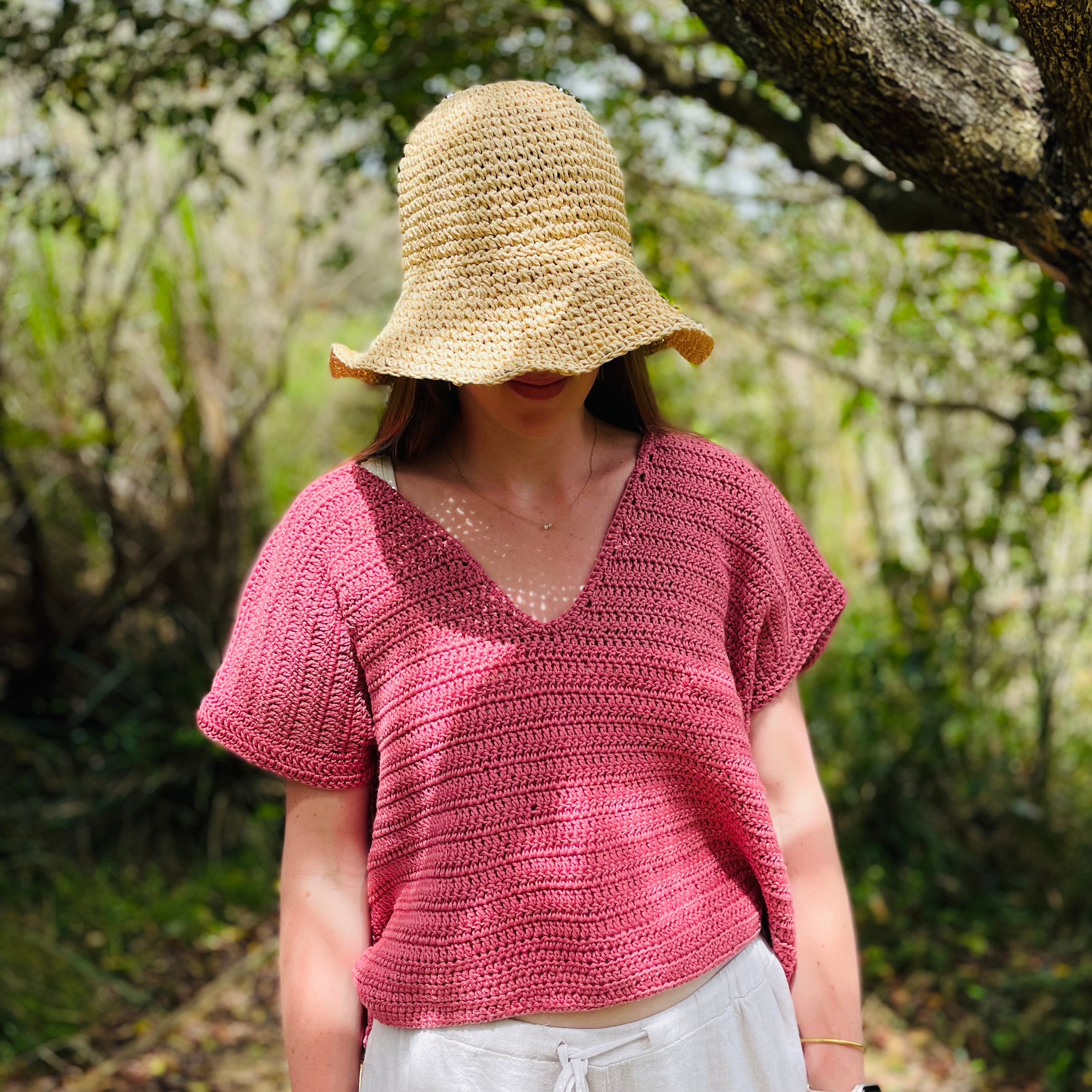 Rhubarb Pink Crocheted V-Neck Summer Top