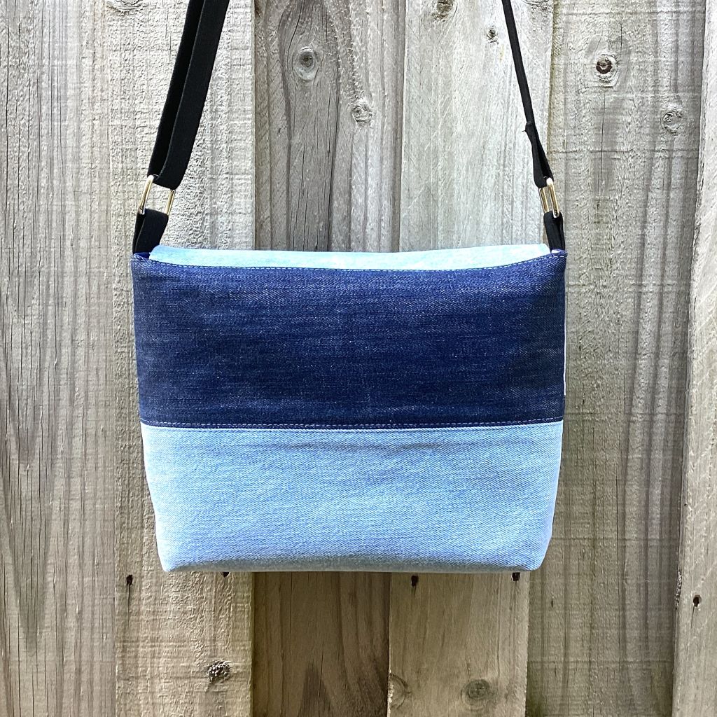 Upcycled Denim Cross Body Messenger Bag - Blue Stripes