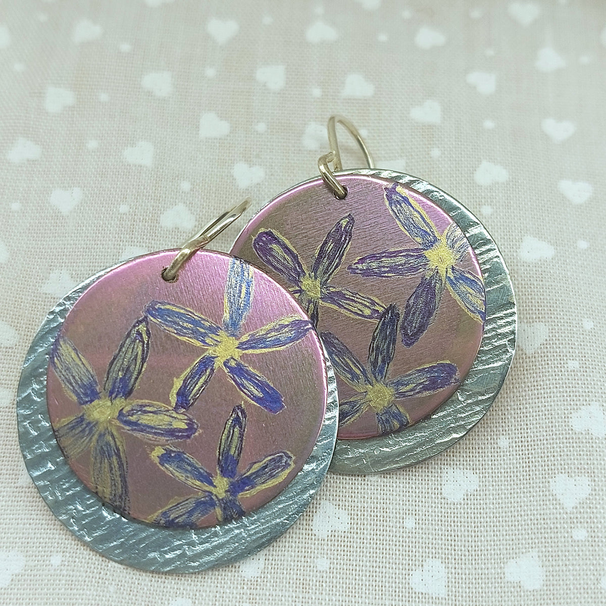 Titanium Disc Earrings with Philothica Design- Pink and Ice Blue