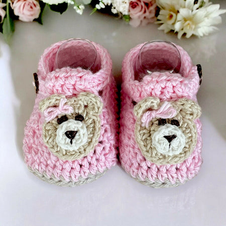 Crochet Teddy Bear Baby booties, Australian Soft Cotton in pink