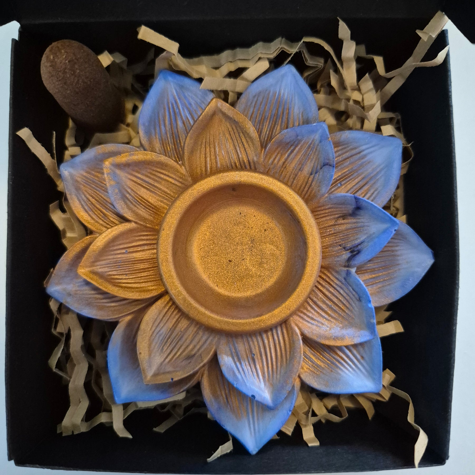Pale blue and rose gold concrete lotus incense cone holder