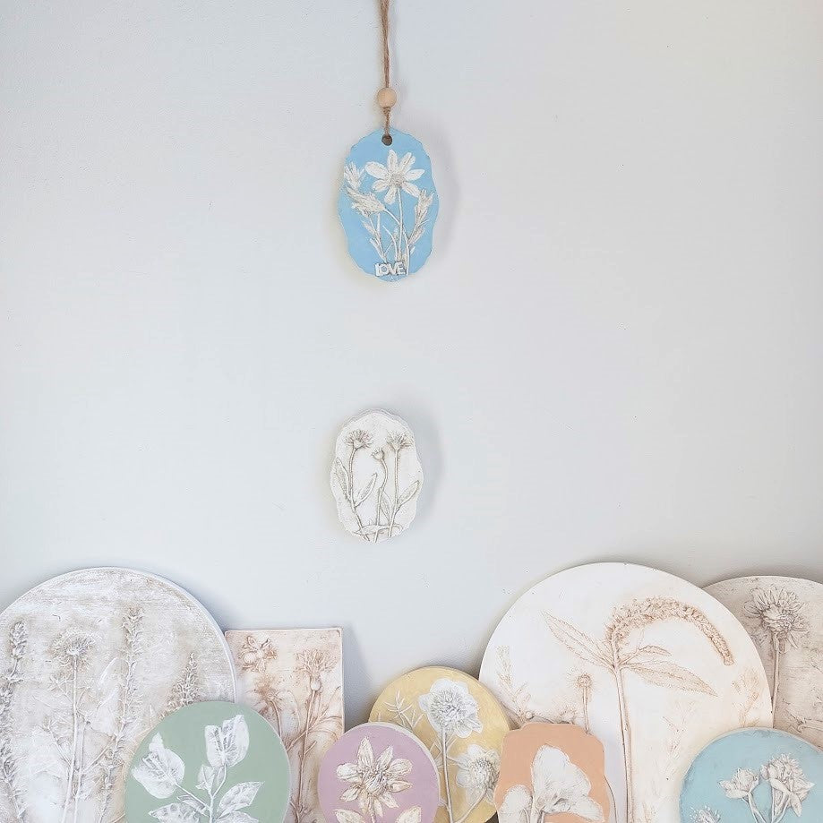 Hand-pressed botanical Wall Art | Floral Bas-Relief Plaster Plaque