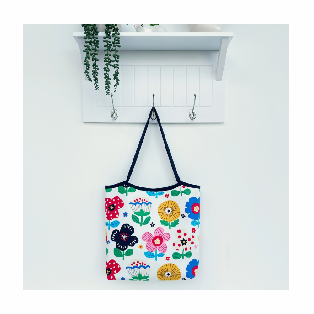 Shopping Tote Bag - White with Multicolour Flowers