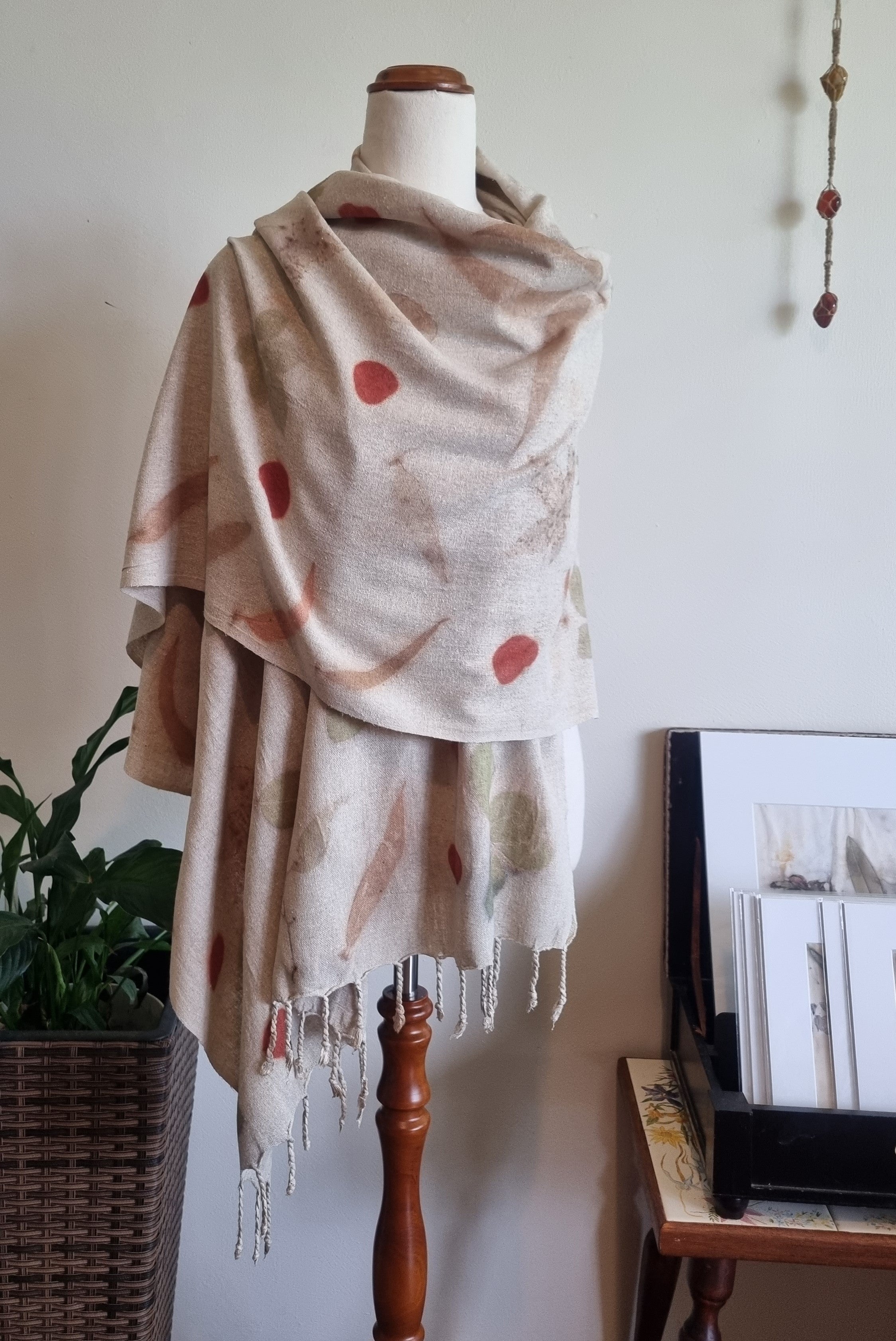 The Eloise - Raw Silk Large Ecoprint Shawl with Fringe