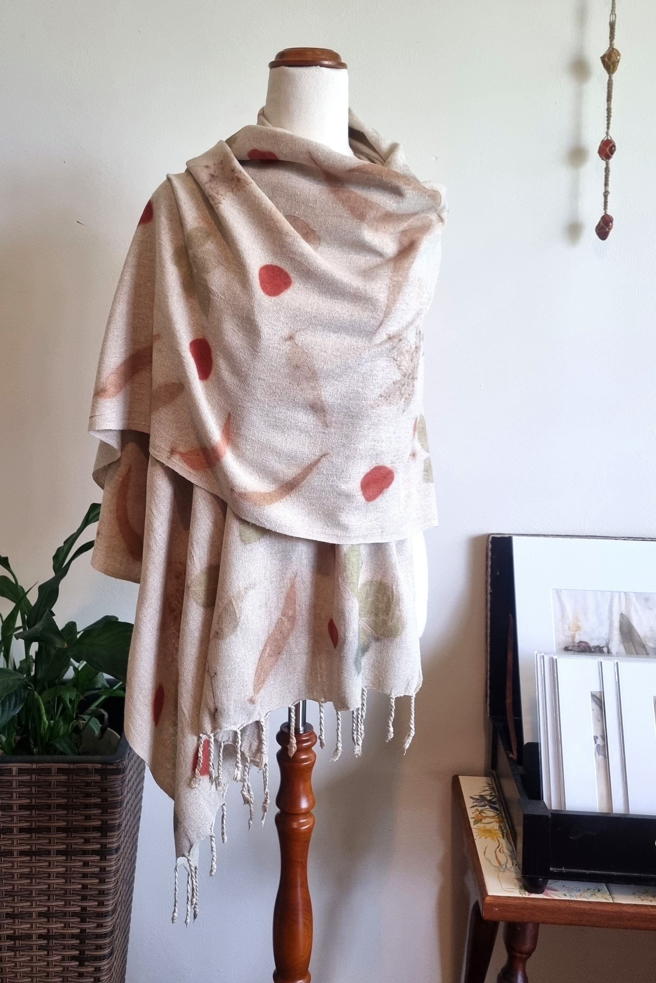 The Eloise - Raw Silk Large Ecoprint Shawl with Fringe