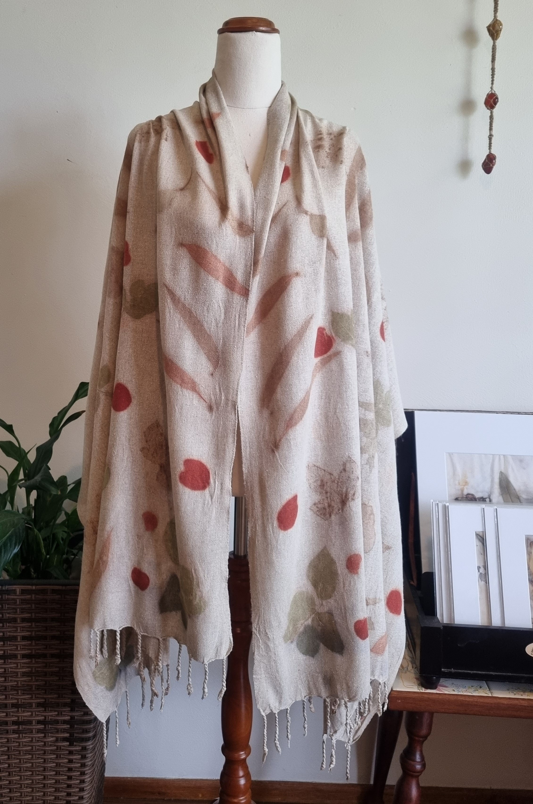 The Eloise - Raw Silk Large Ecoprint Shawl with Fringe