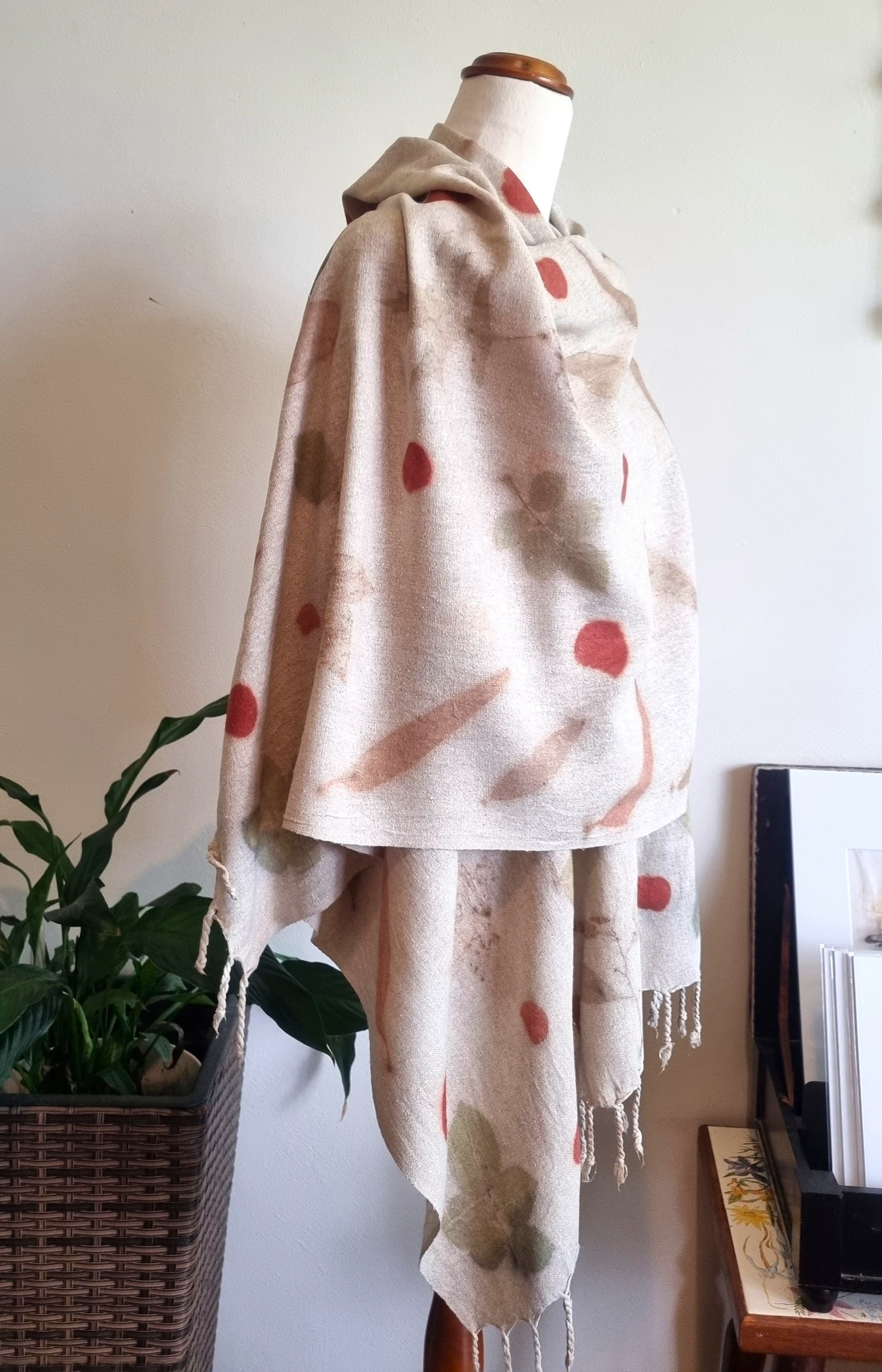 The Eloise - Raw Silk Large Ecoprint Shawl with Fringe