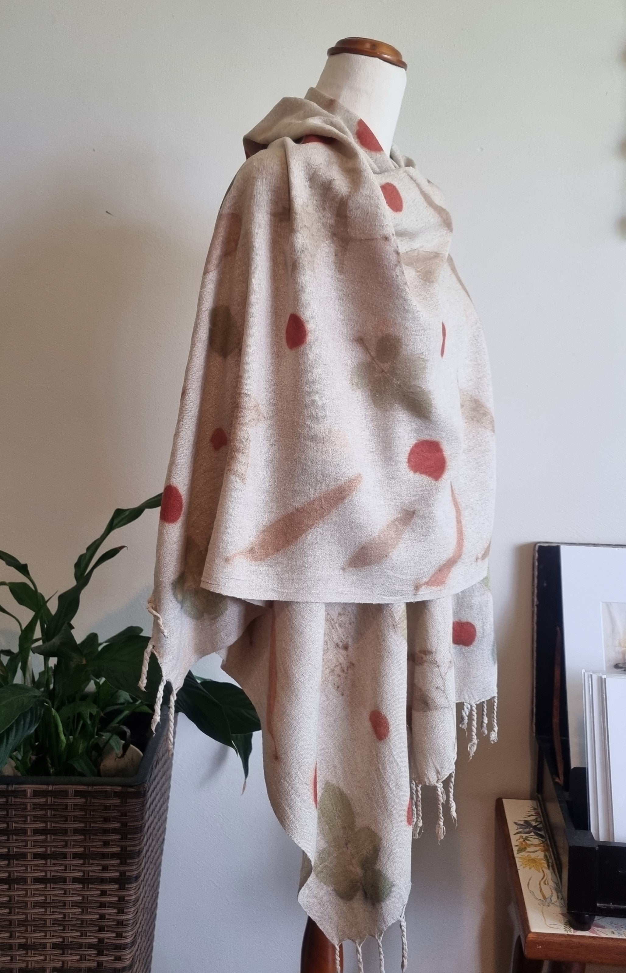 The Eloise - Raw Silk Large Ecoprint Shawl with Fringe