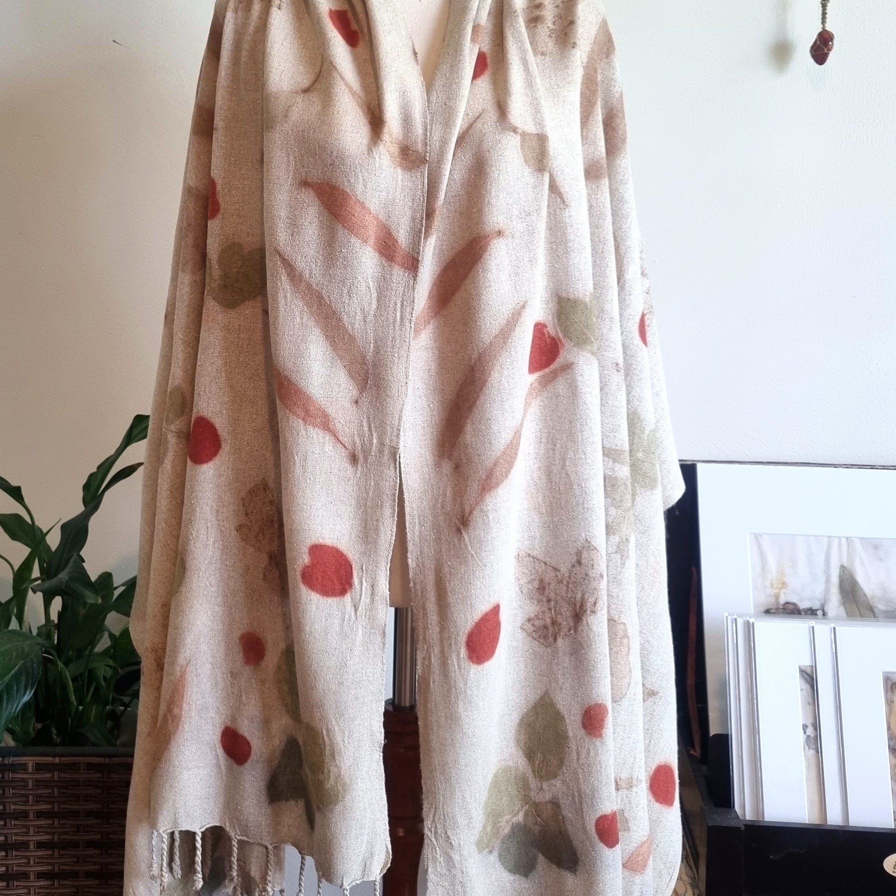 The Eloise - Raw Silk Large Ecoprint Shawl with Fringe
