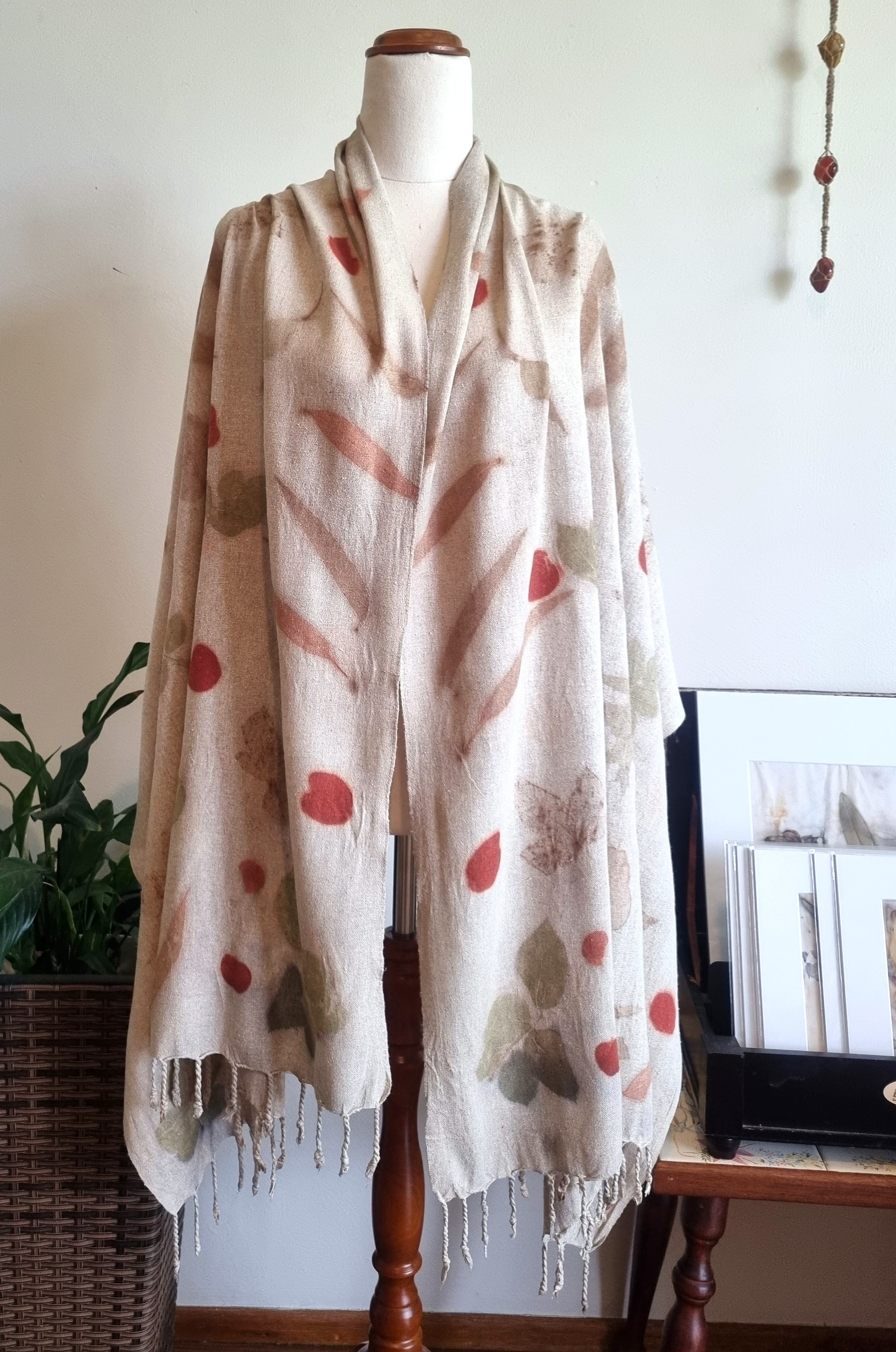 The Eloise - Raw Silk Large Ecoprint Shawl with Fringe