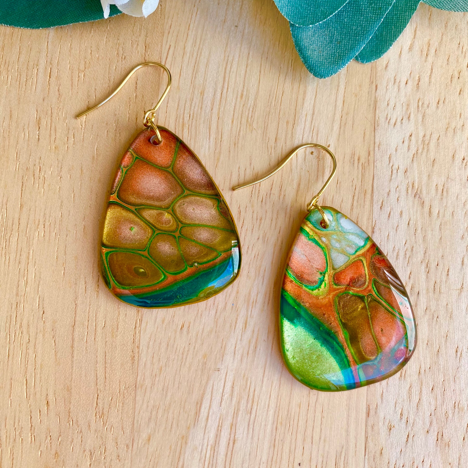 Rich Emerald, Copper and Gold Art Earrings