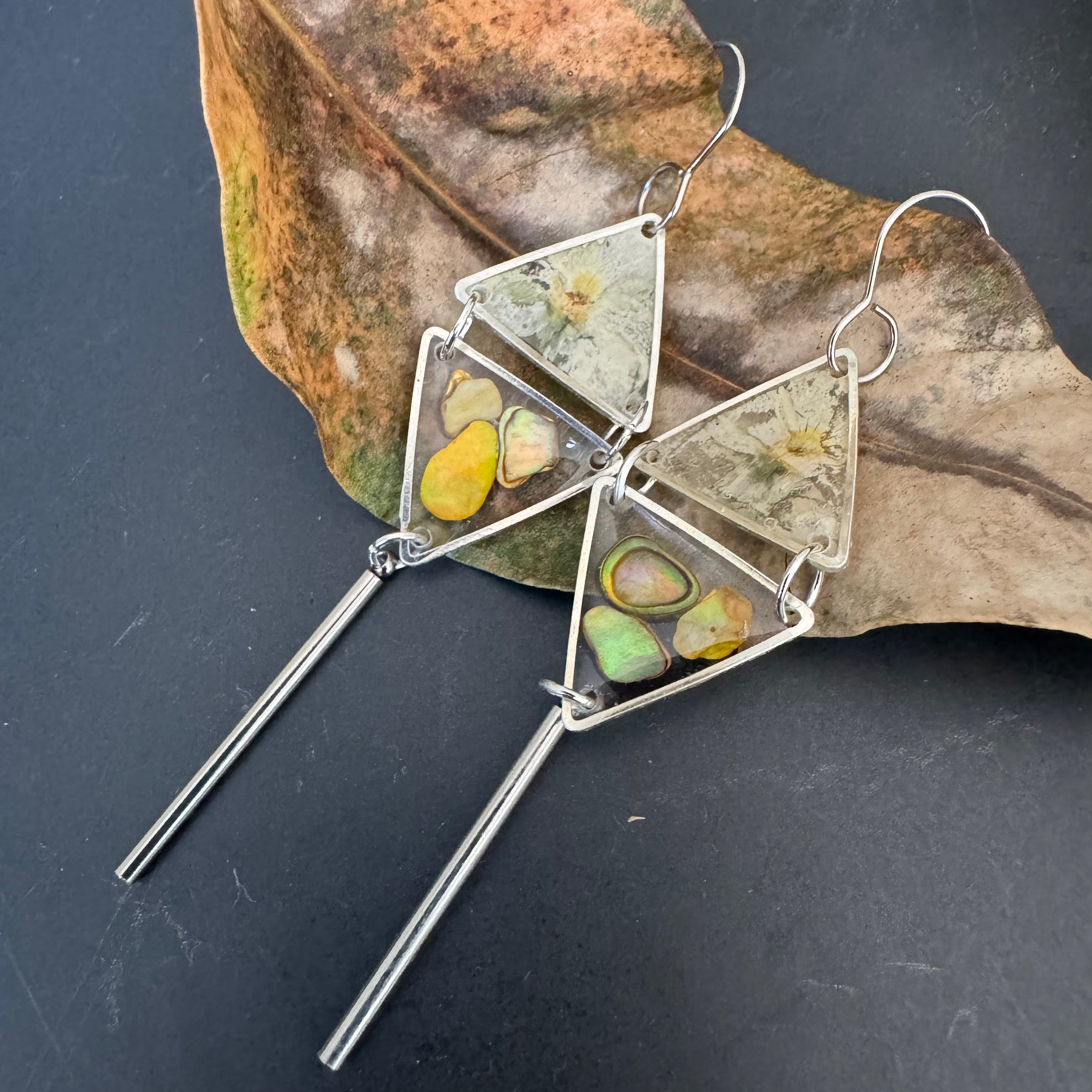 Double triangle cowrie shell and pressed flower resin earrings