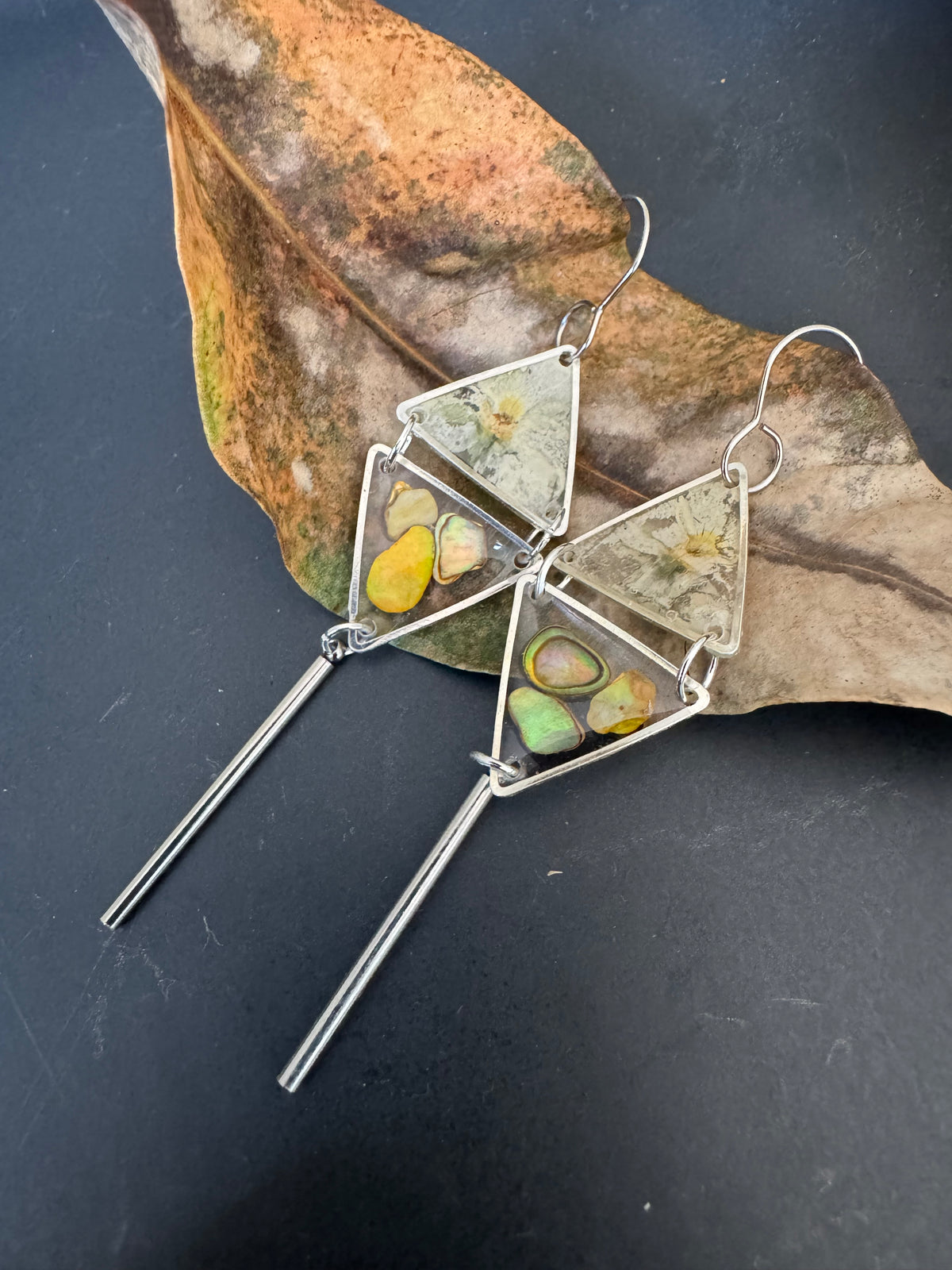Double triangle cowrie shell and pressed flower resin earrings