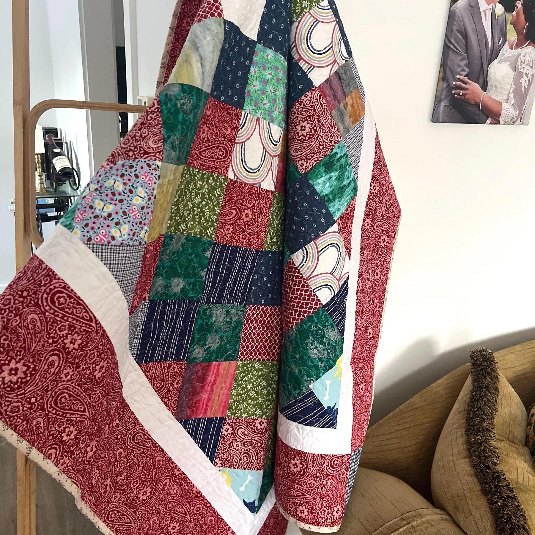 Handmade Reversible Patchwork Quilt: Bright Colorful Sofa Throw