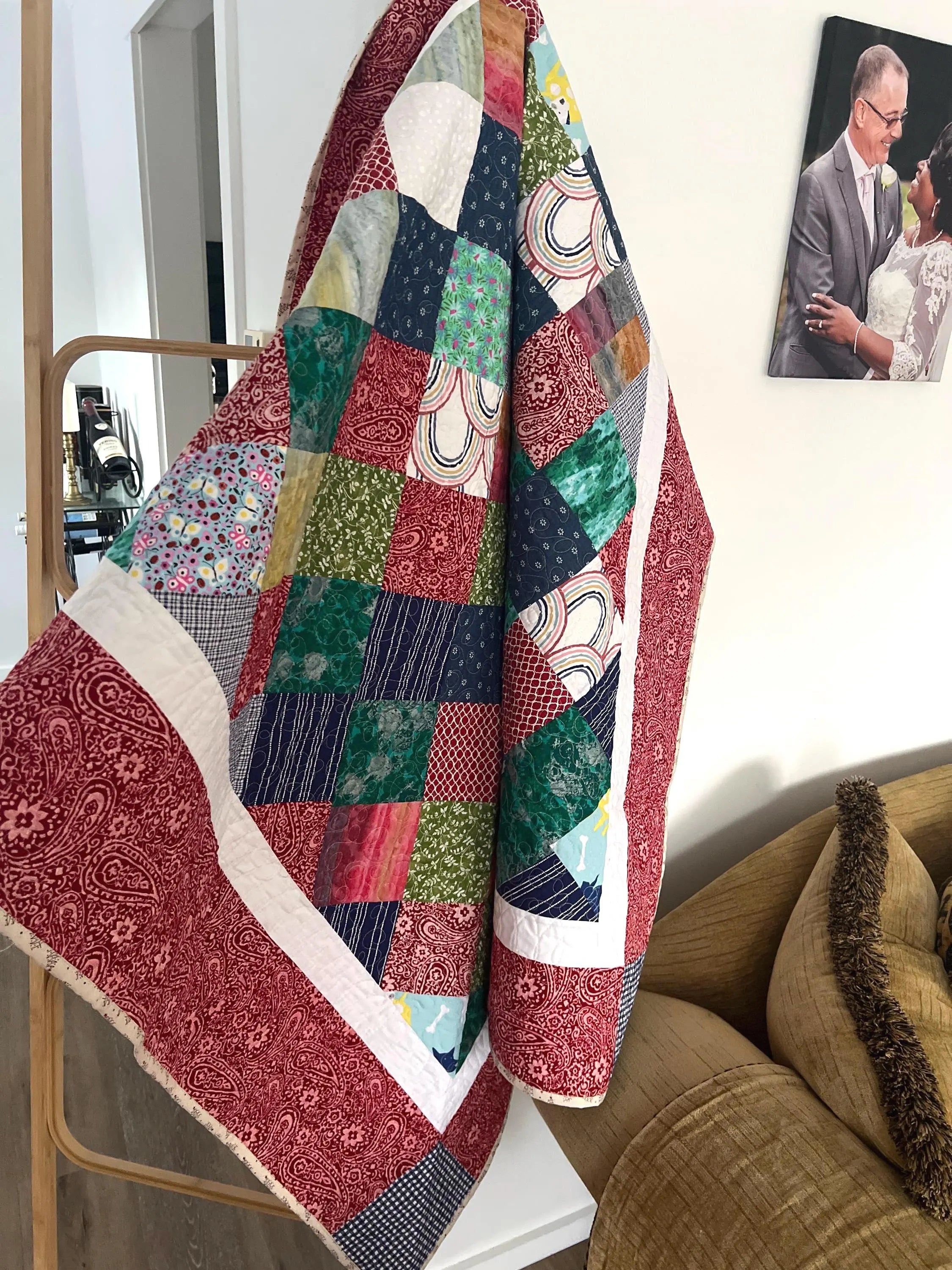 Handmade Reversible Patchwork Quilt: Bright Colorful Sofa Throw