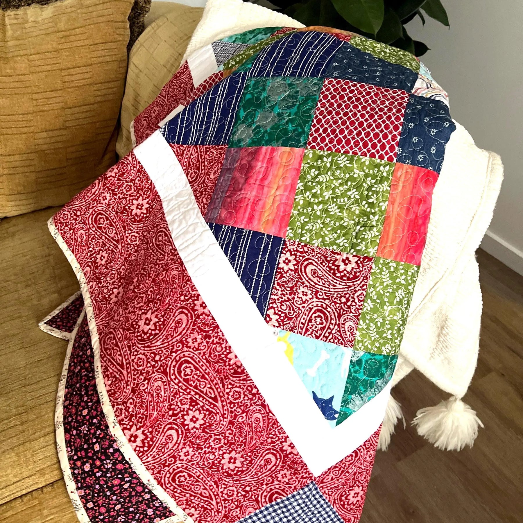 Handmade Reversible Patchwork Quilt: Bright Colorful Sofa Throw