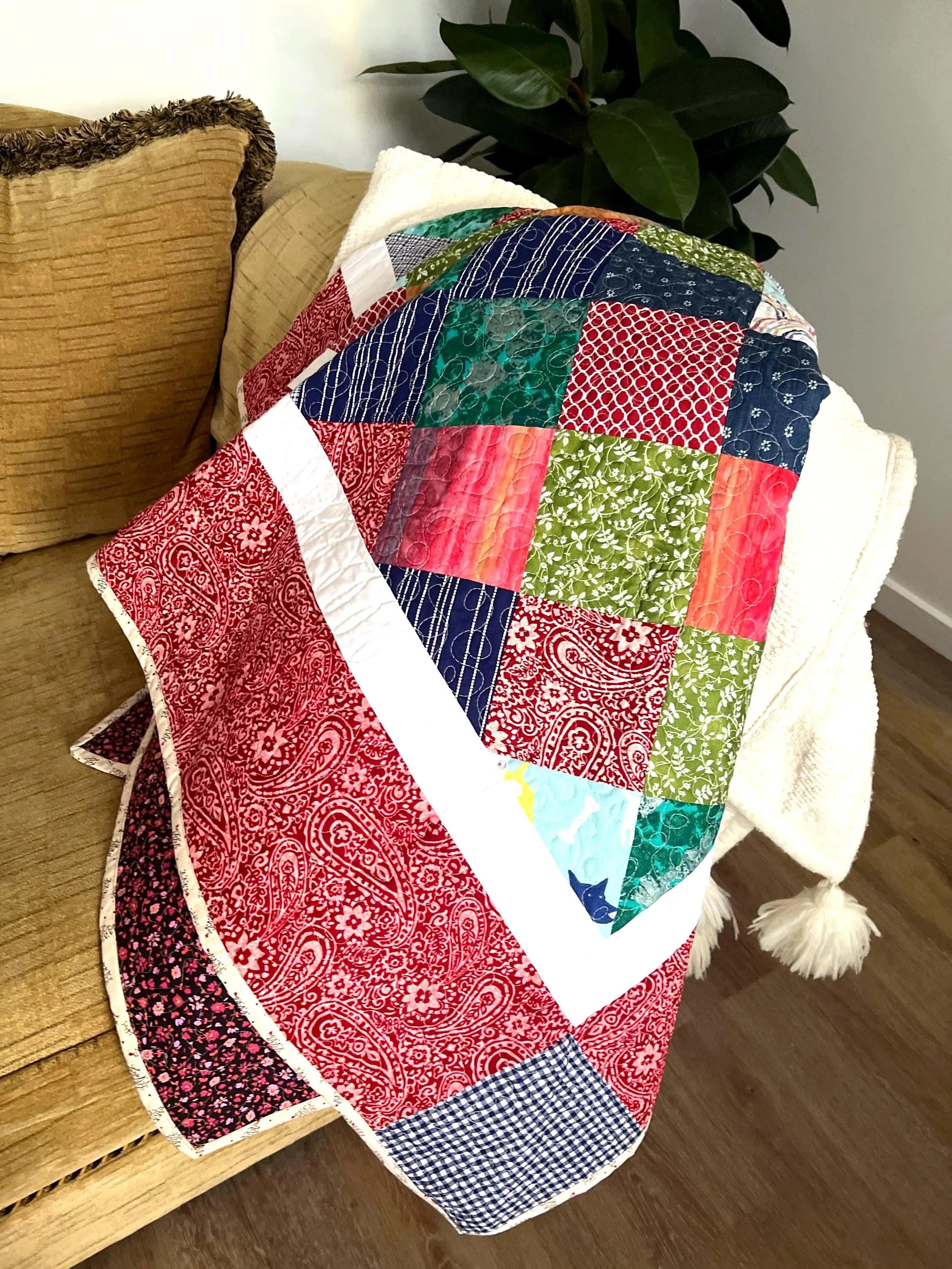 Handmade Reversible Patchwork Quilt: Bright Colorful Sofa Throw