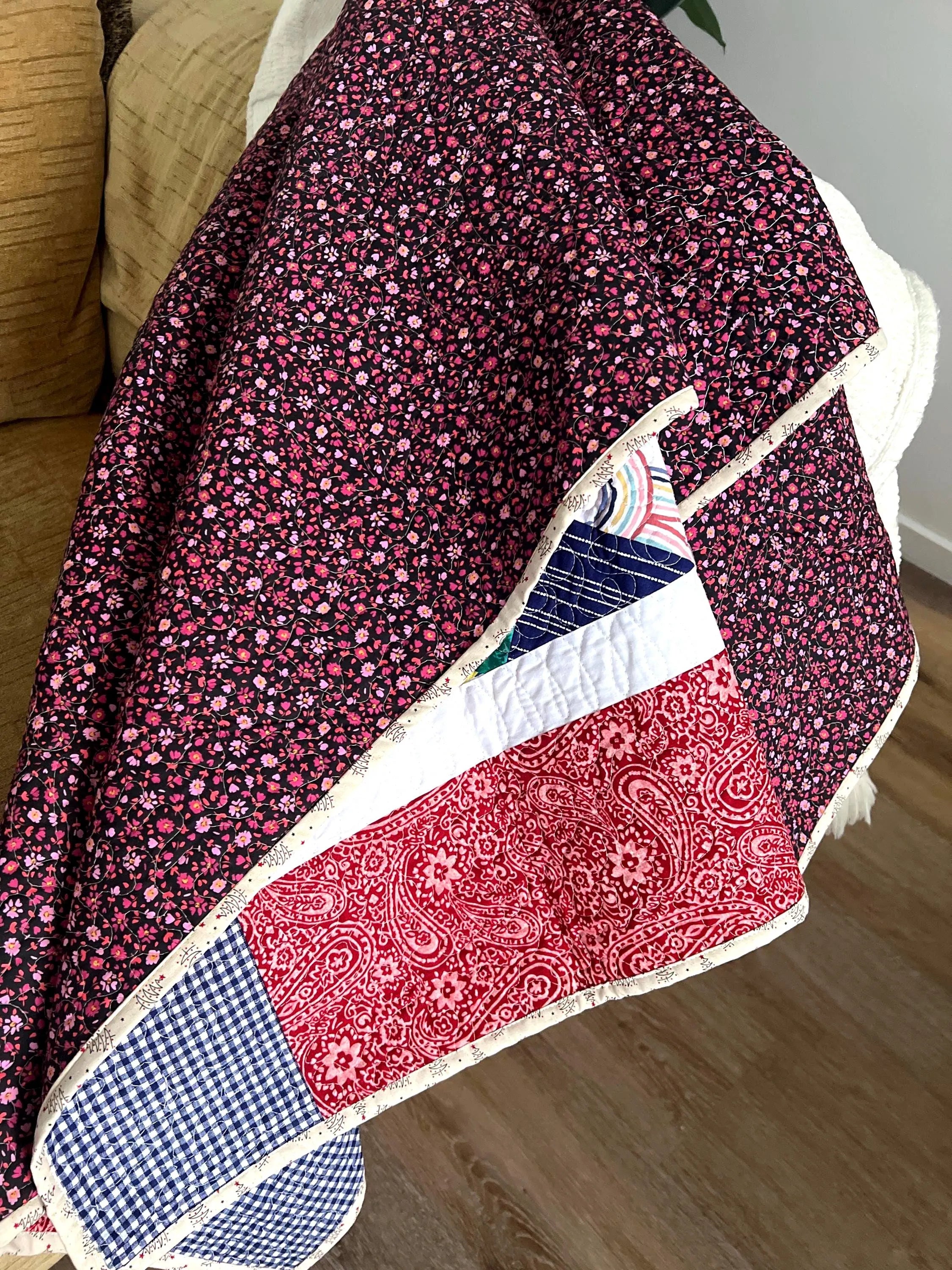Handmade Reversible Patchwork Quilt: Bright Colorful Sofa Throw
