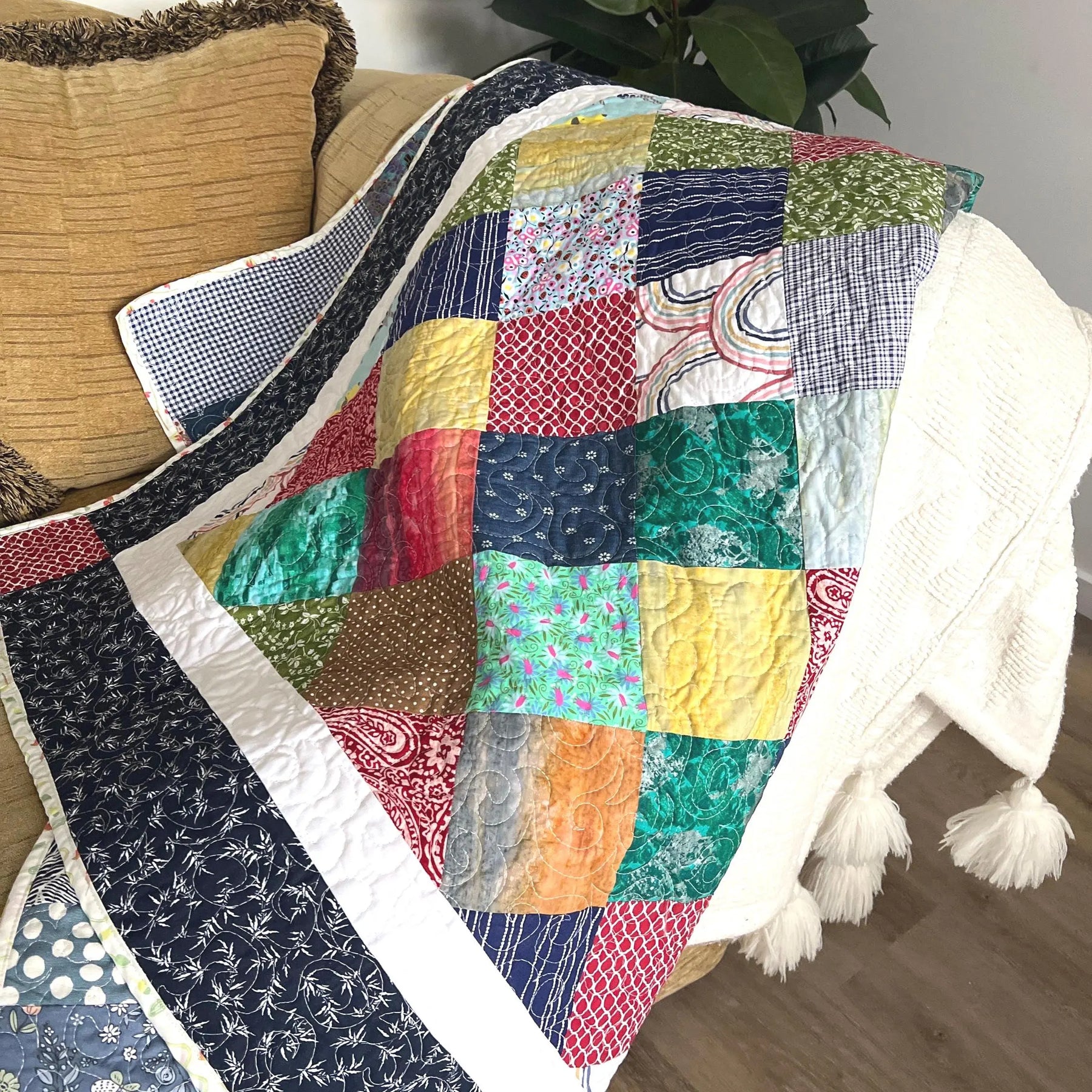 Handmade Reversible Patchwork Quilt: Bright Colorful Sofa Throw