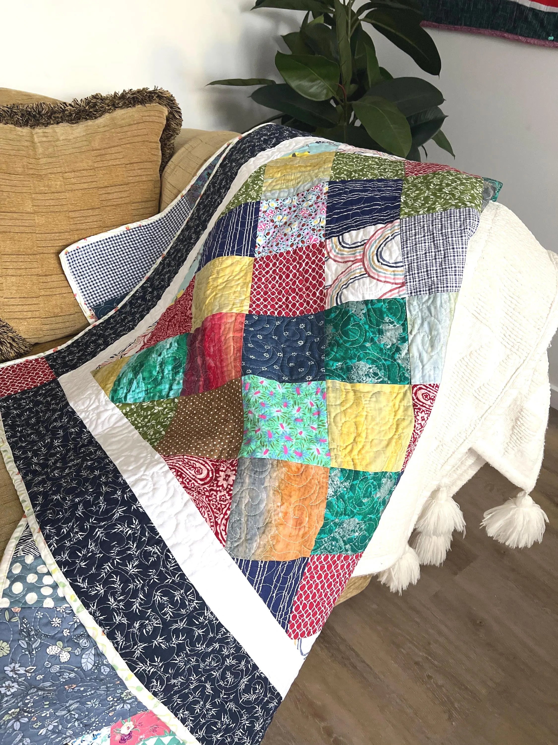 Handmade Reversible Patchwork Quilt: Bright Colorful Sofa Throw