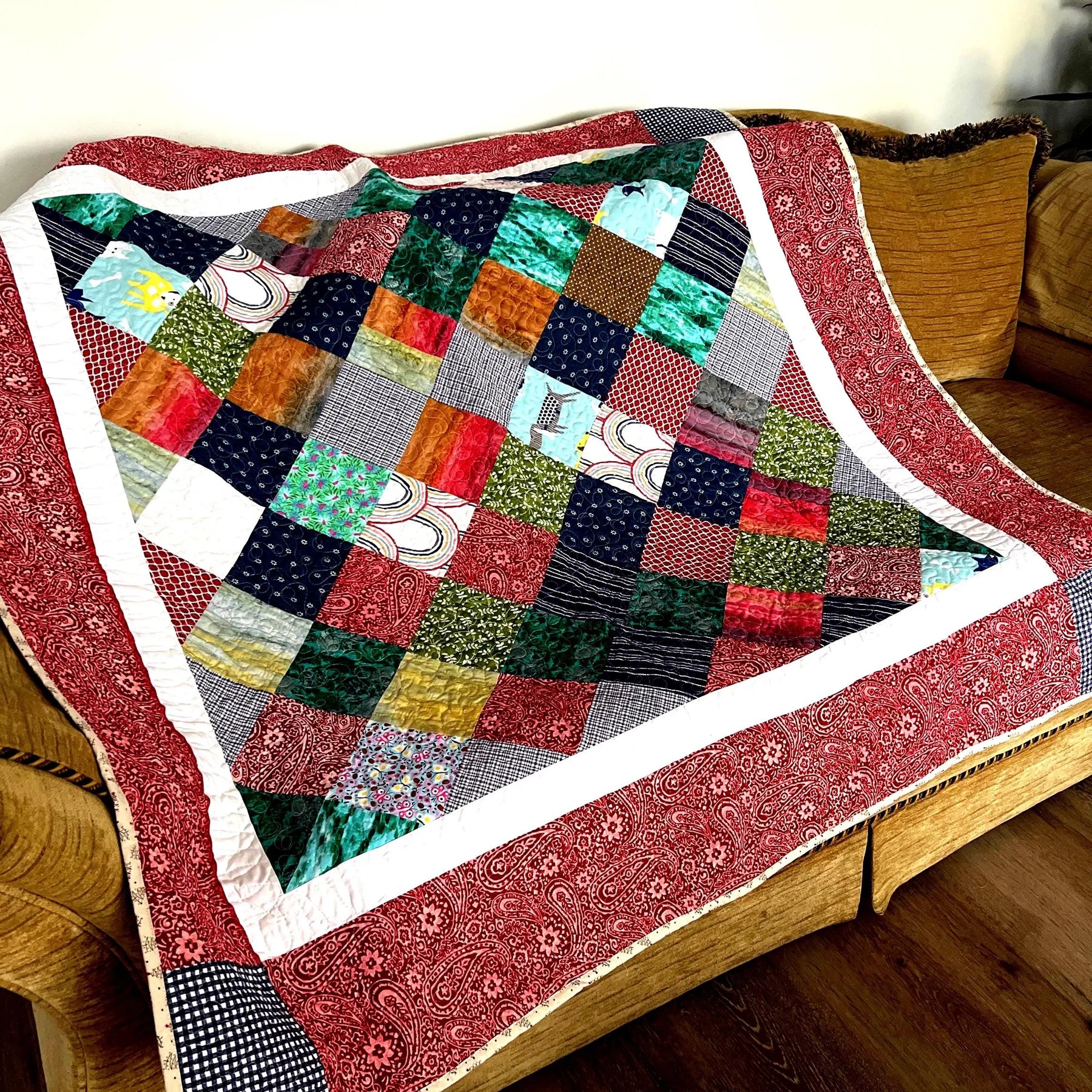 Handmade Reversible Patchwork Quilt: Bright Colorful Sofa Throw